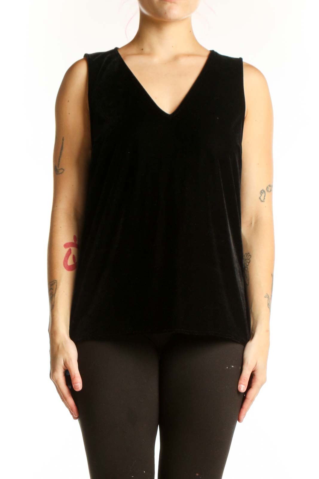 Black Velvet V-Neck Sleeveless Tank Front