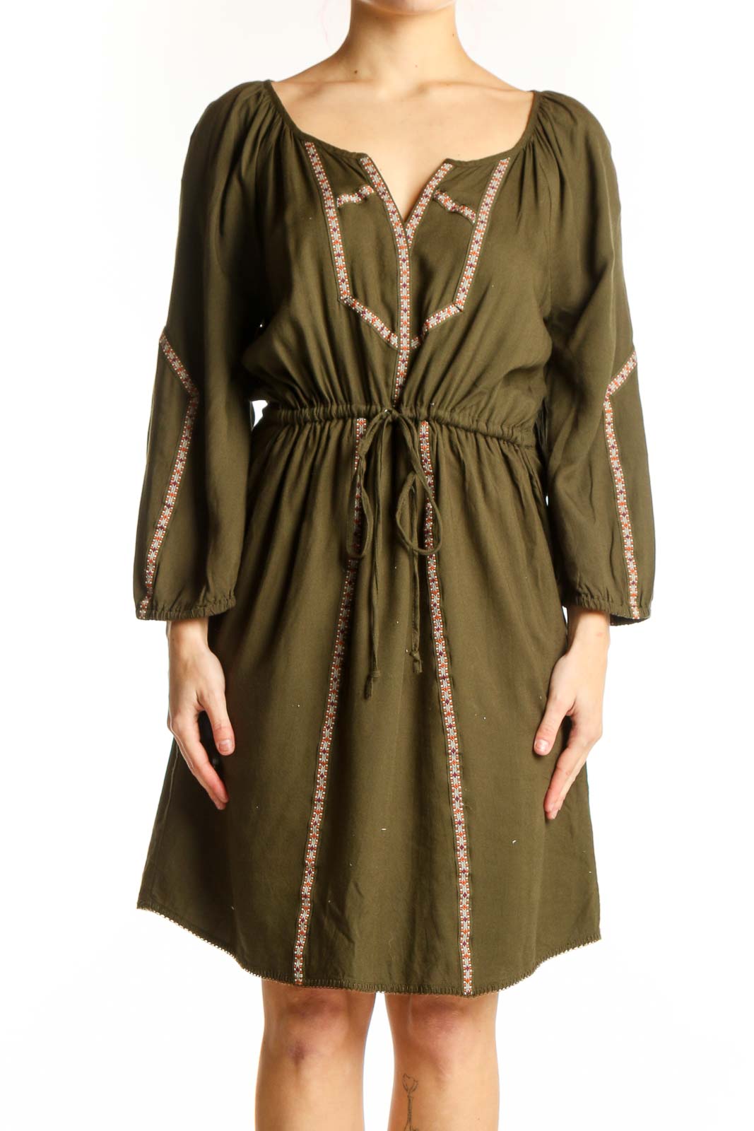 Olive Embroidered Peasant Dress with Long Sleeves Front