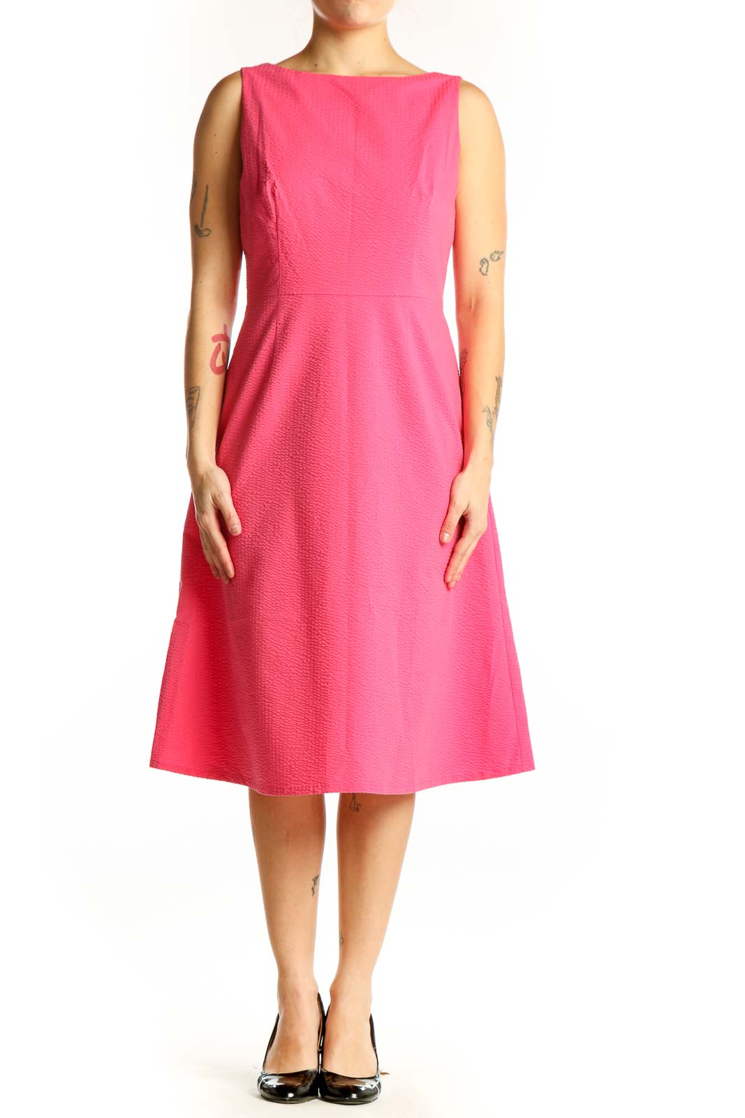 Pink A-Line Sleeveless Midi Dress Front