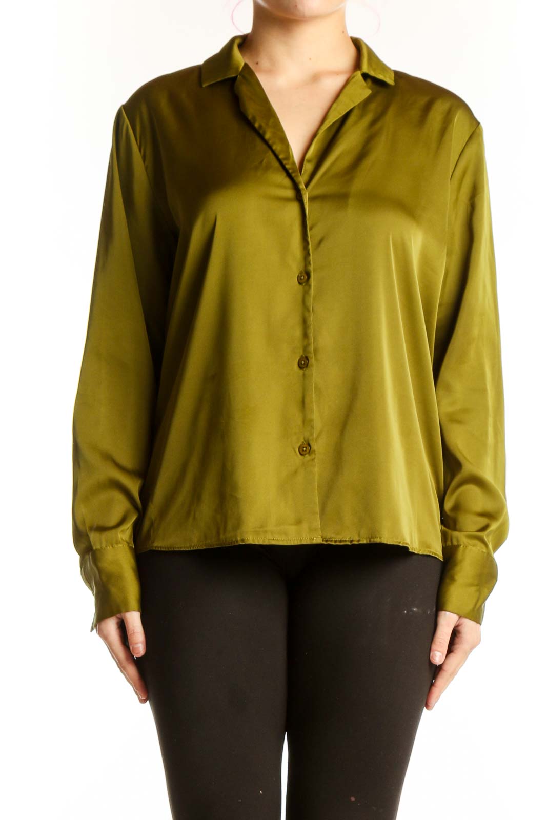 Olive Green Button-Up Blouse Front