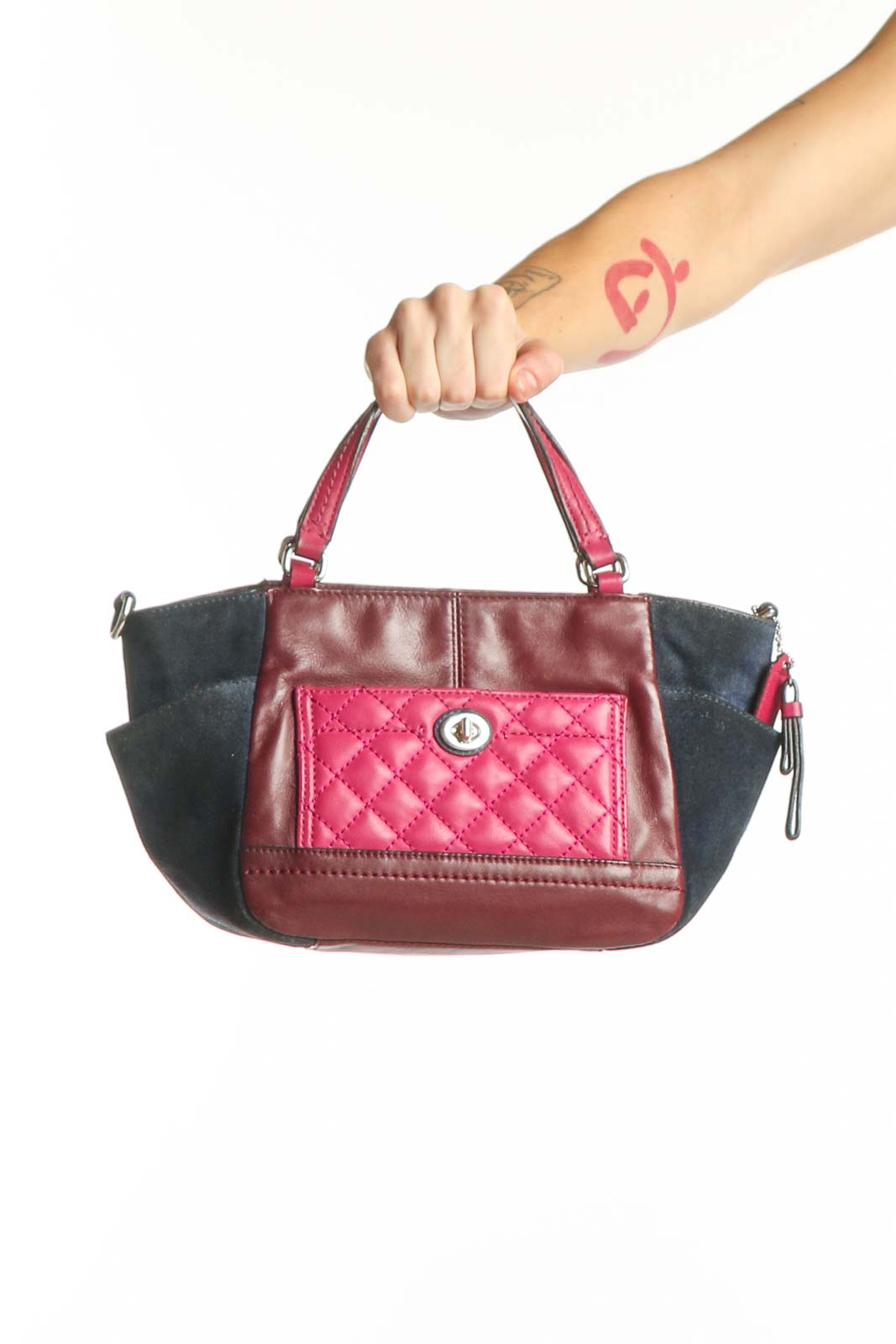 Burgundy and Black Quilted Satchel Bag Front