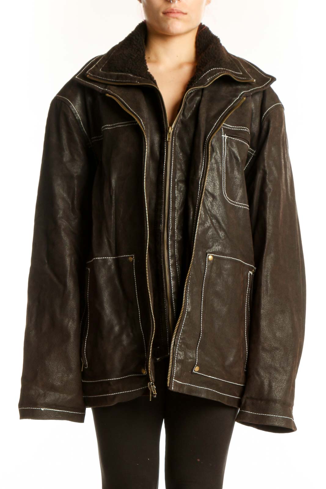 Black Genuine Leather Jacket with Contrast Stitching Front