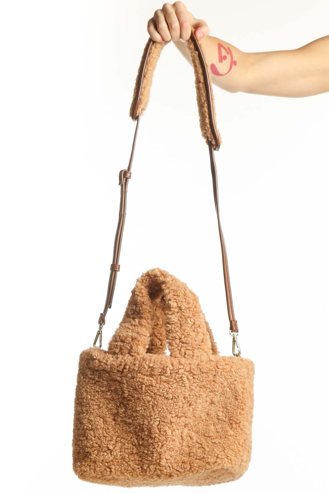 Beige Teddy Fleece Satchel Shoulder Bag Front