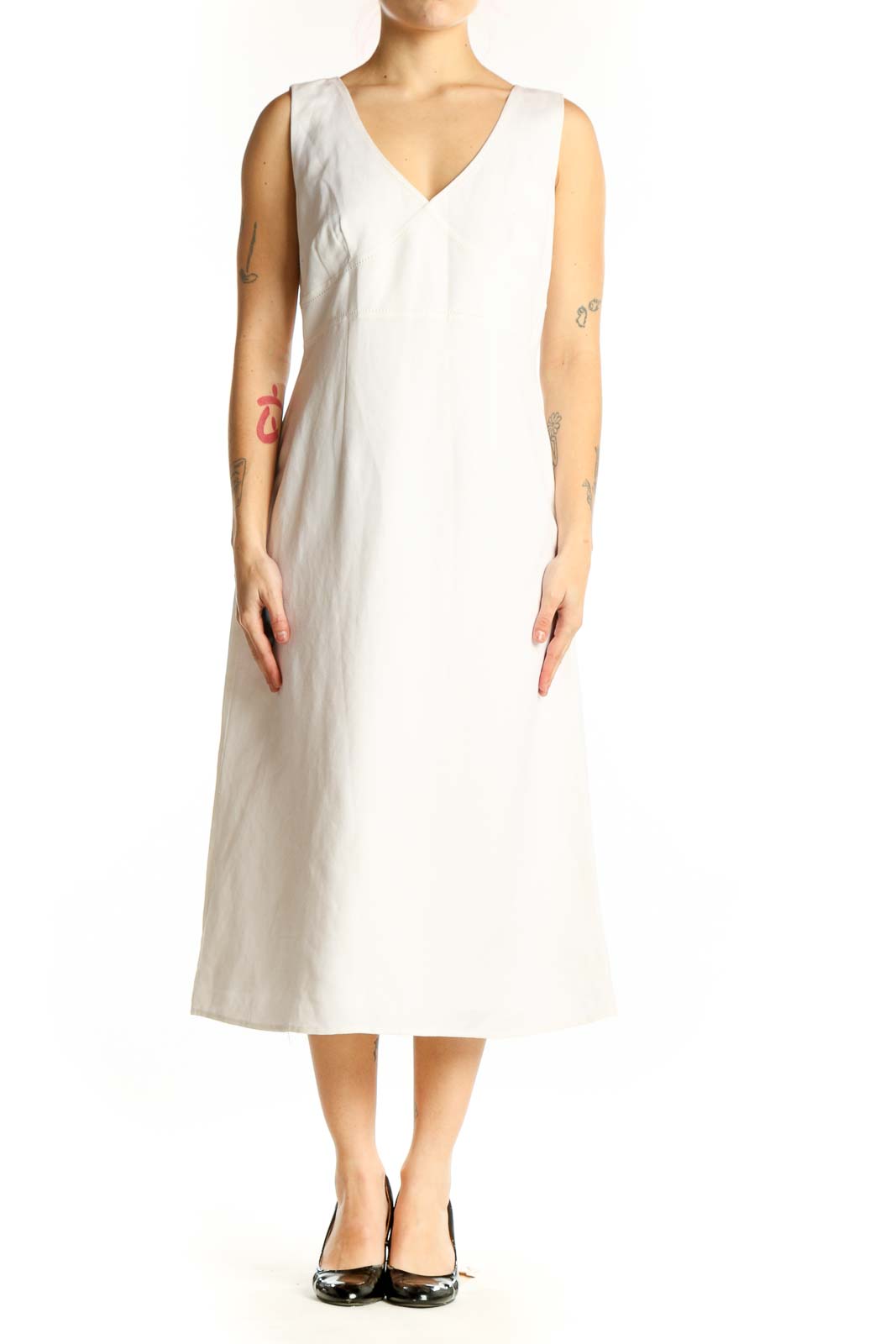 Cream Linen Rayon V-Neck Midi Dress Front