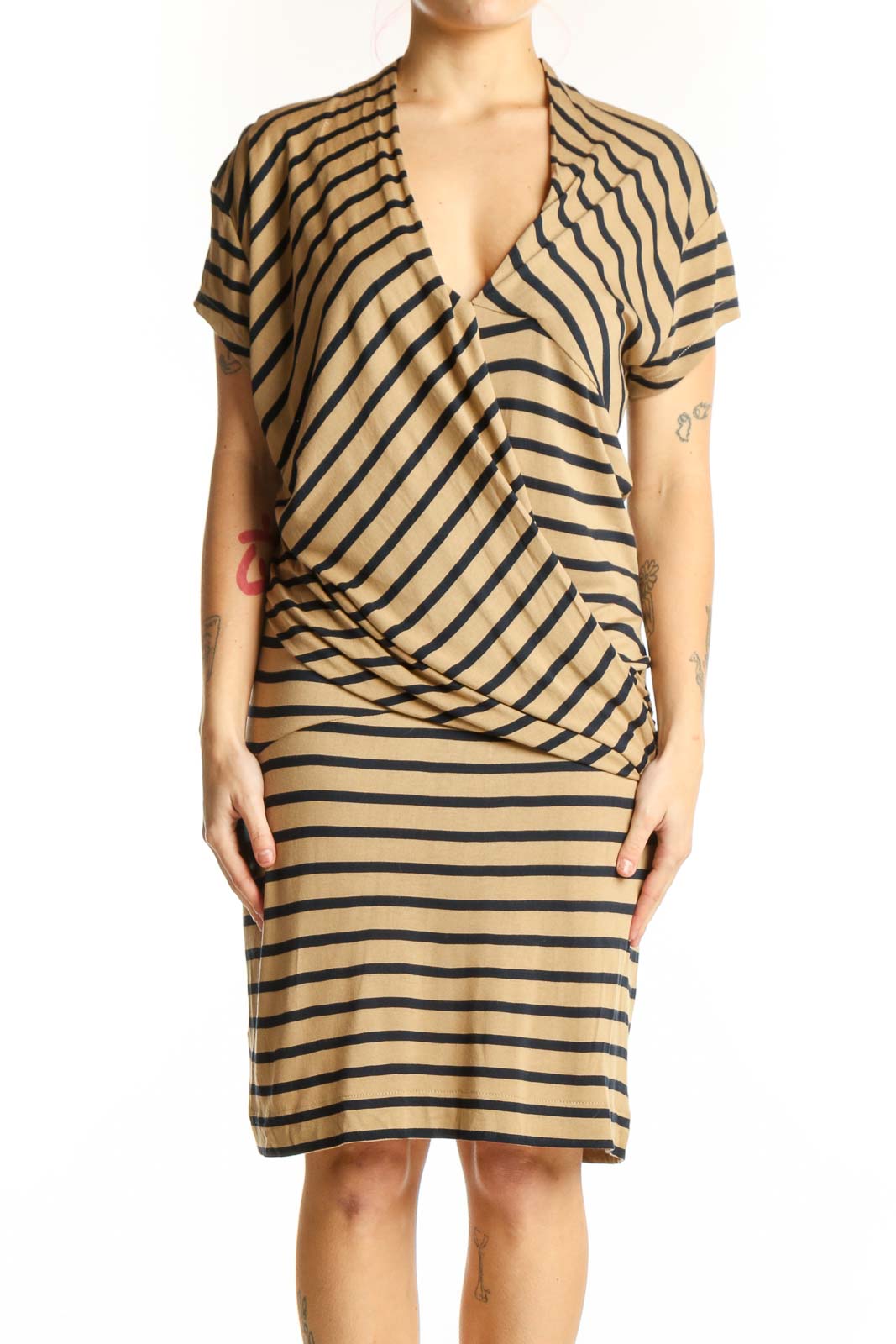 Beige Striped Wrap Viscose Dress Front