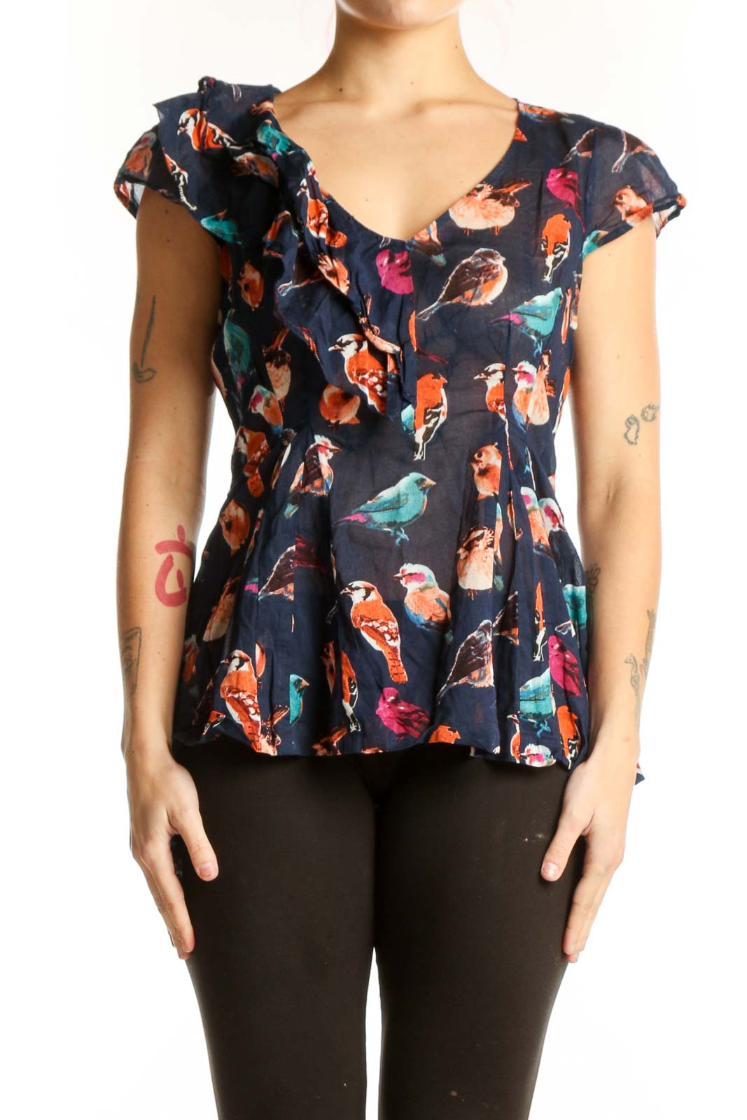 Navy Floral Ruffle Cap Sleeve Top Front