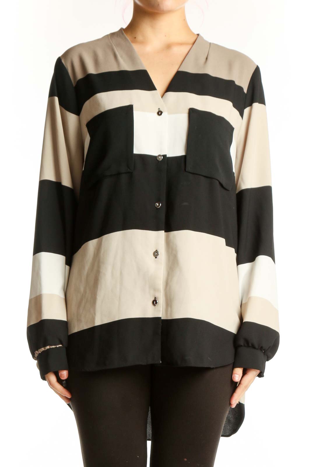 Black and Cream Striped Button-Up Blouse Front