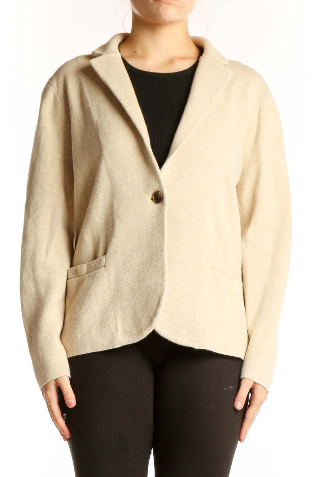 Cream Cotton Knit Blazer Jacket Front
