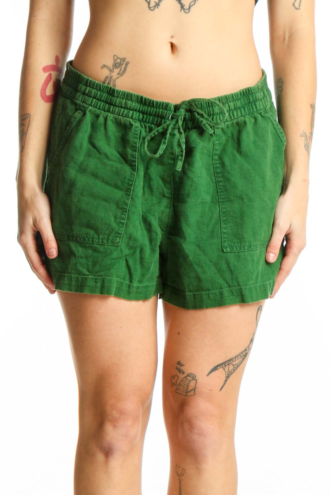 Green Linen Viscose Drawstring Shorts Front