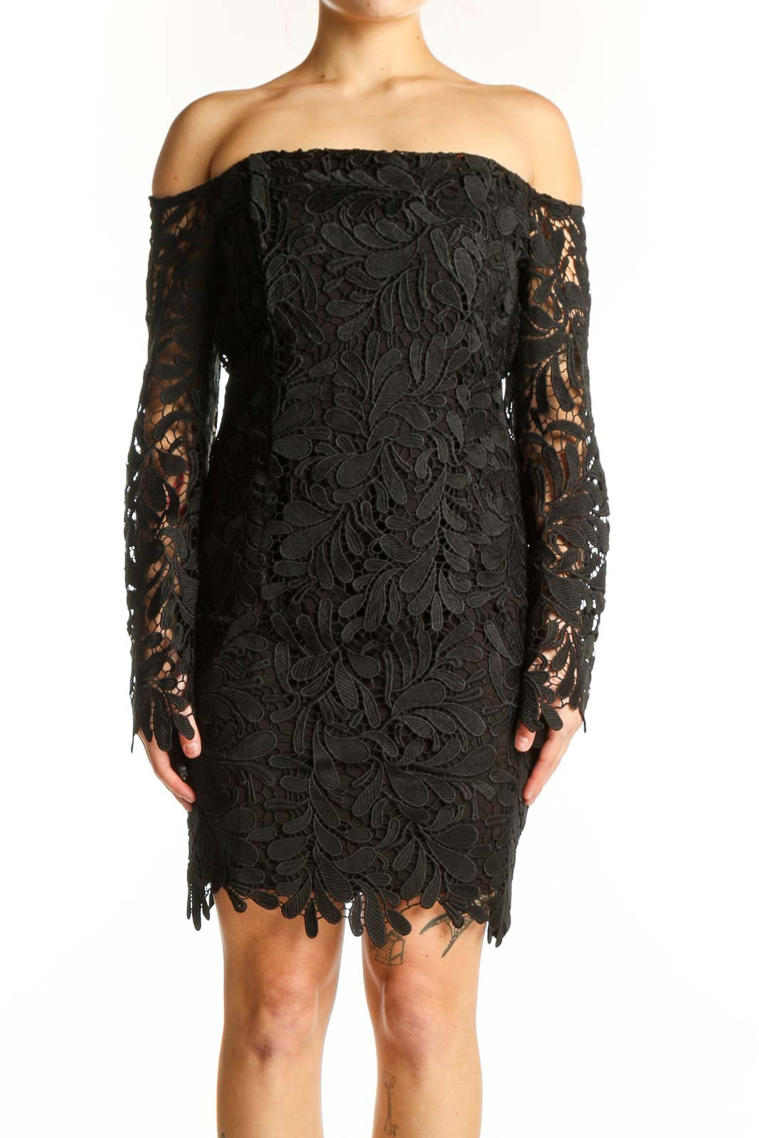 Black Lace Off-Shoulder Cocktail Dress Front