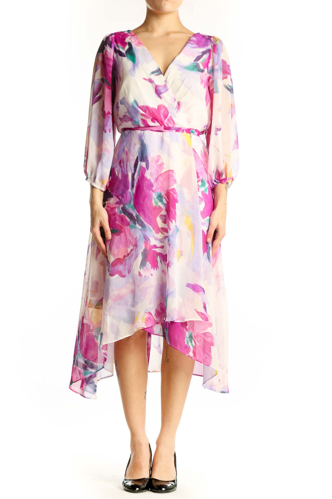 Multicolor Floral Wrap Midi Dress Front