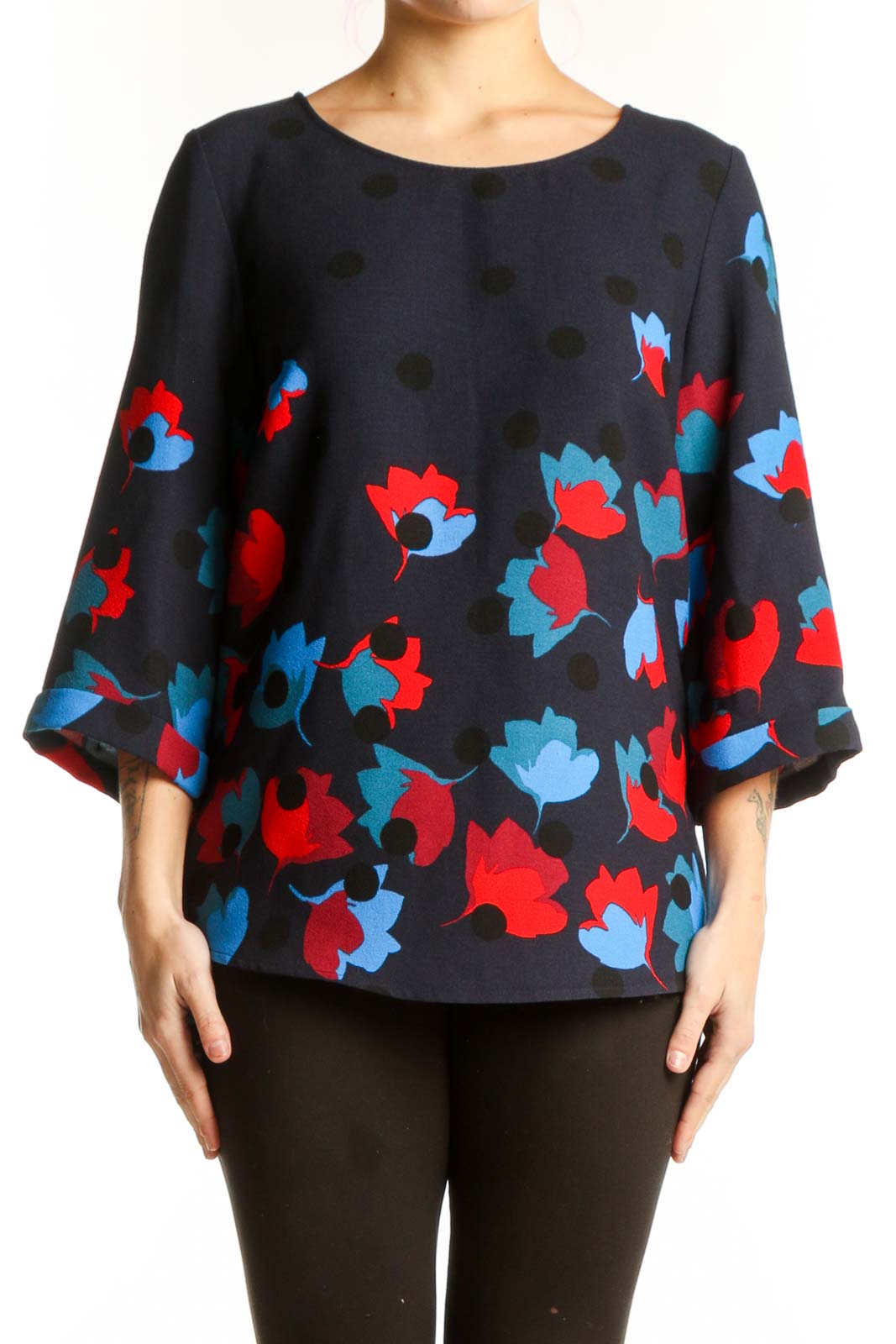 Navy Floral Print Three-Quarter Sleeve Top Front