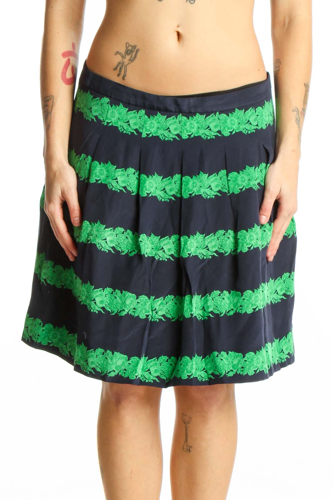 Green and Black Striped Pleated Skirt Front