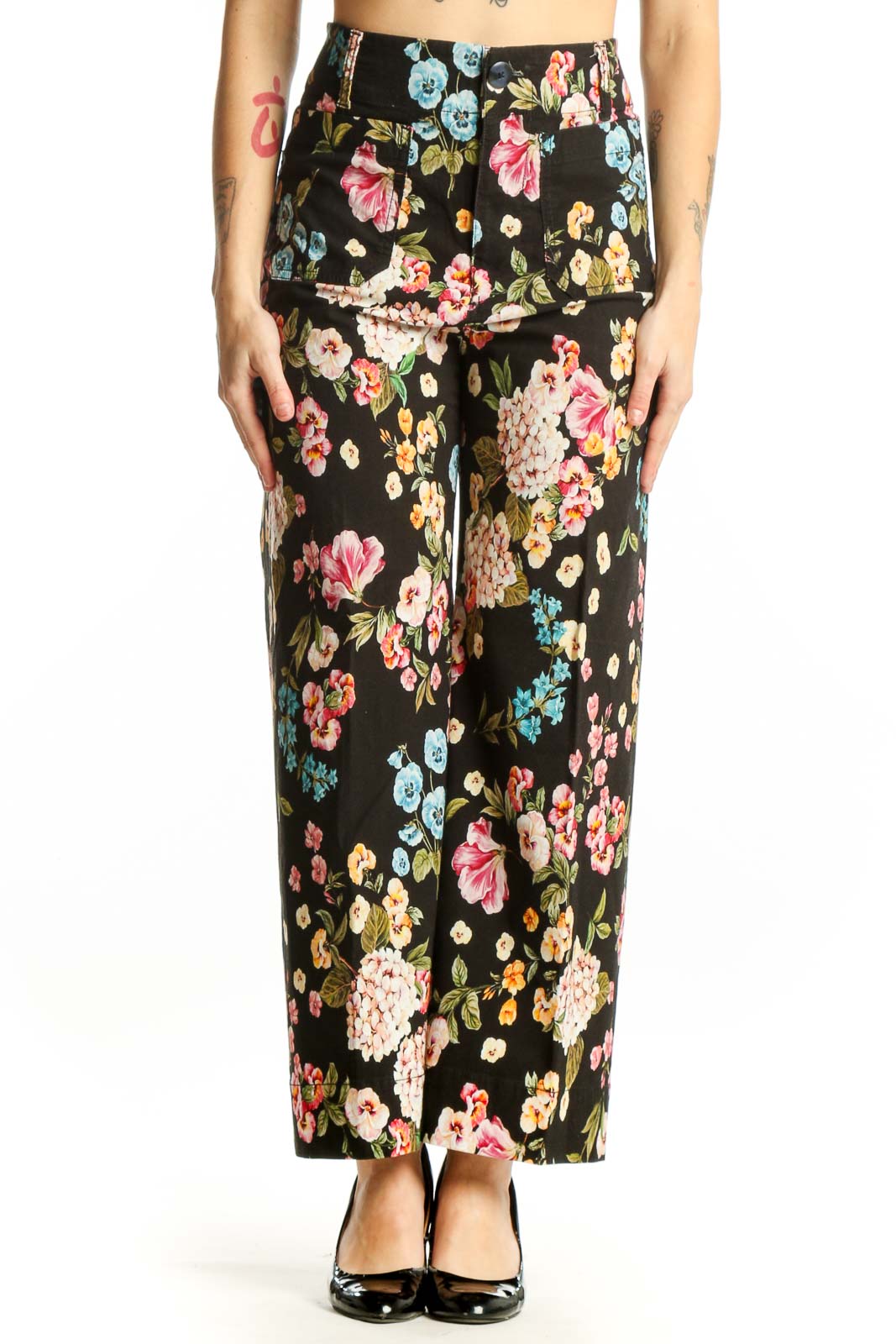 Black Floral Wide-Leg Ankle Pants Front