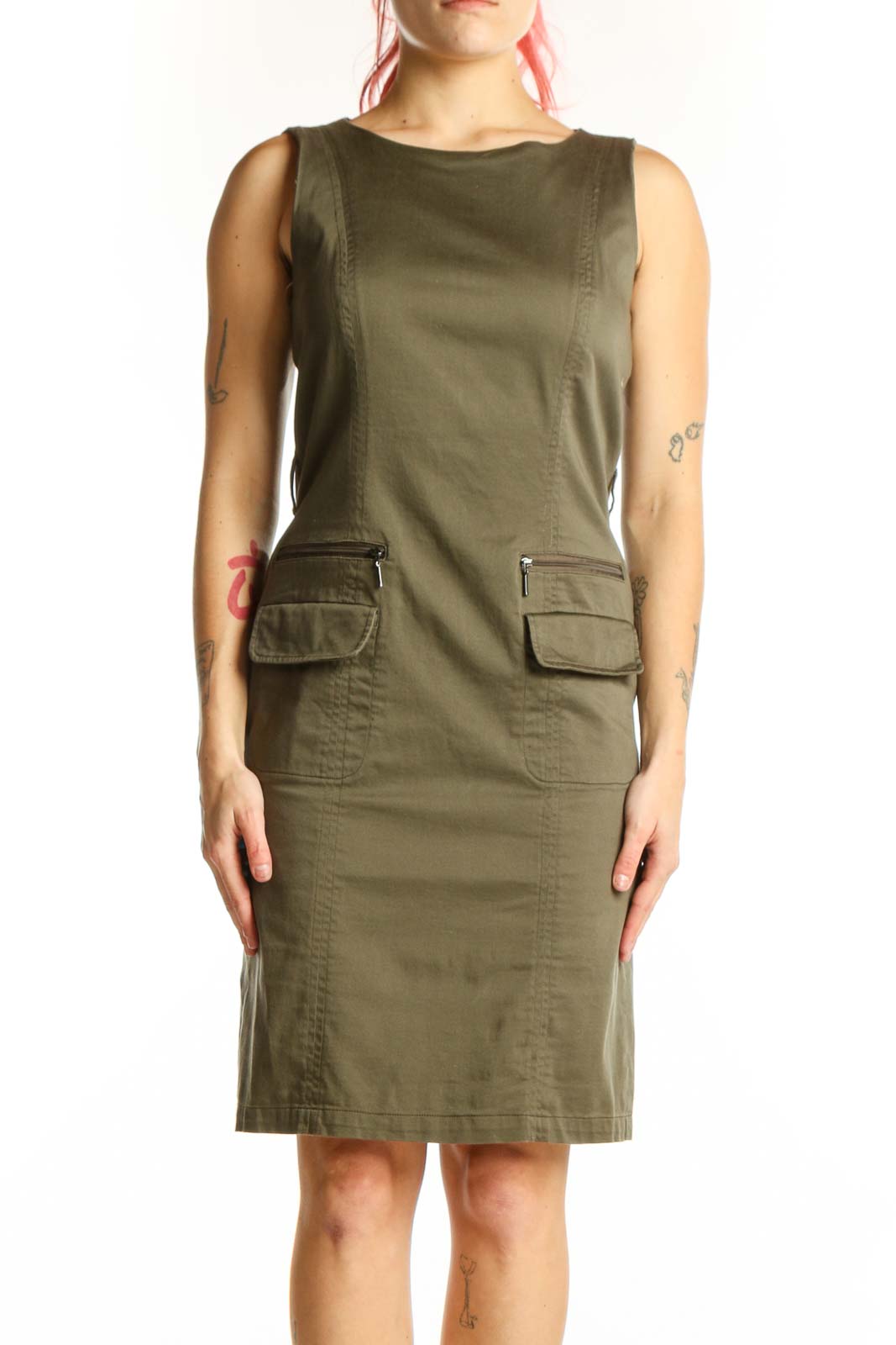 Olive Cargo Pocket Sleeveless Dress Front