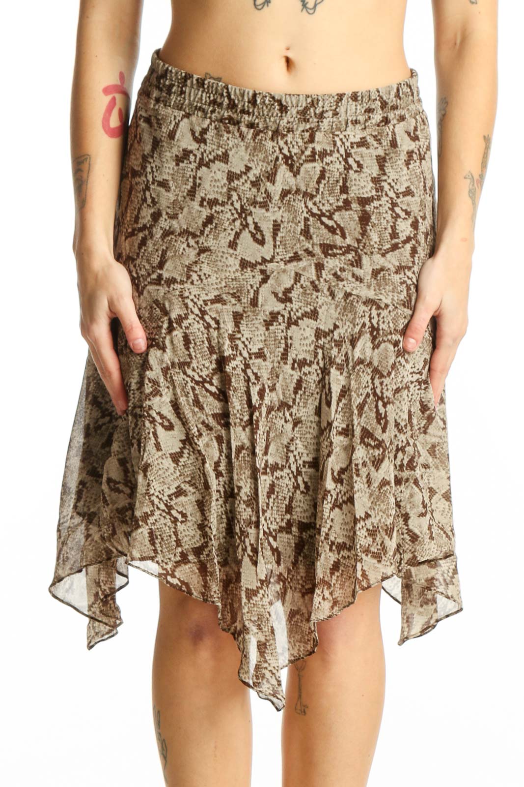 Beige Snake Print Asymmetrical Midi Skirt Front