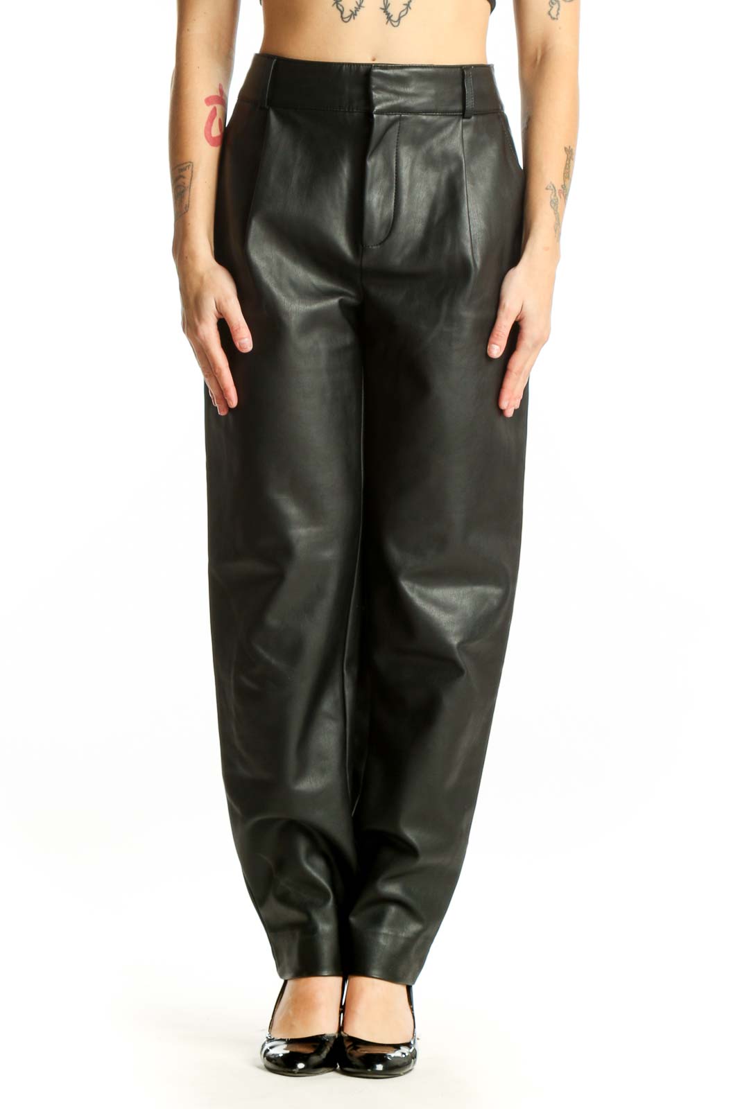 Black Leather Tapered Pants Front