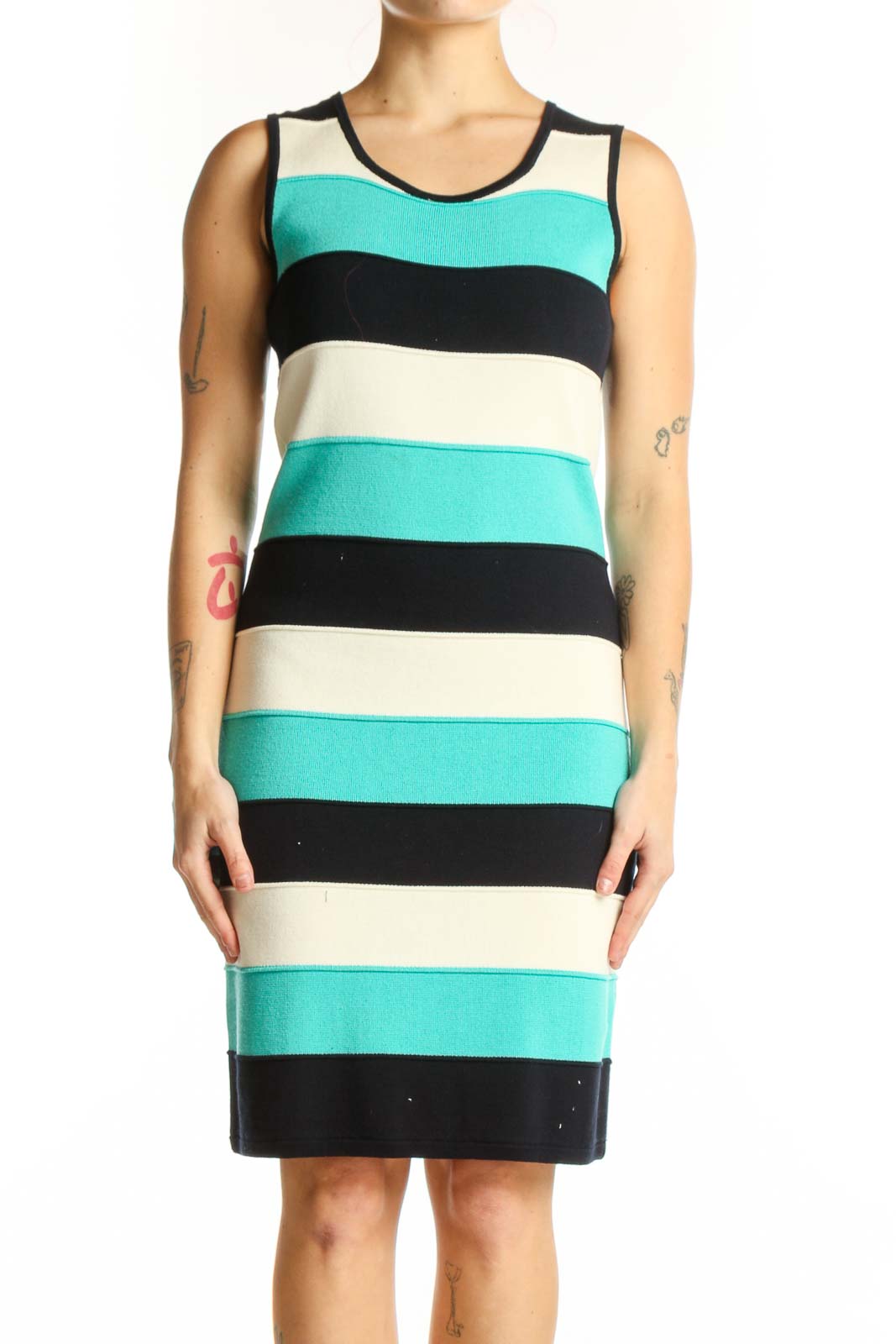 Turquoise Striped Colorblock Knit Dress Front