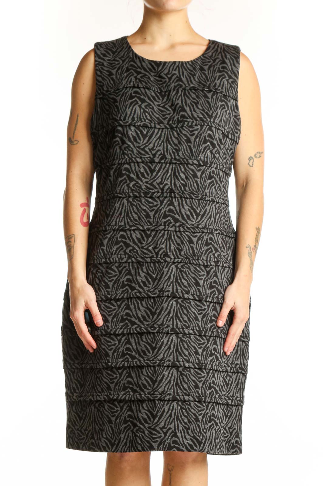 Black Zebra Print Sleeveless Shift Dress Front
