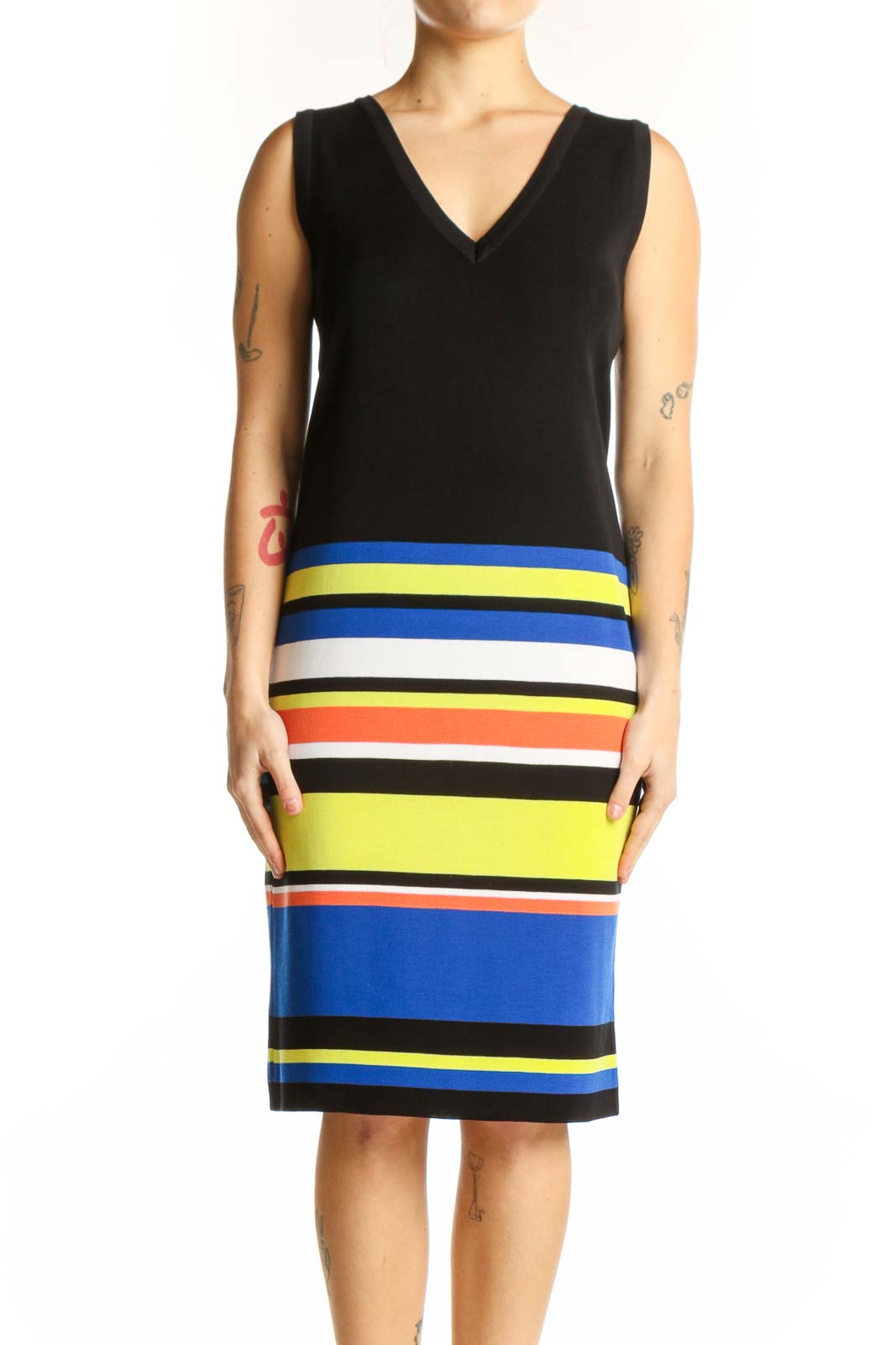 Black Colorblock Striped Sleeveless Dress Front