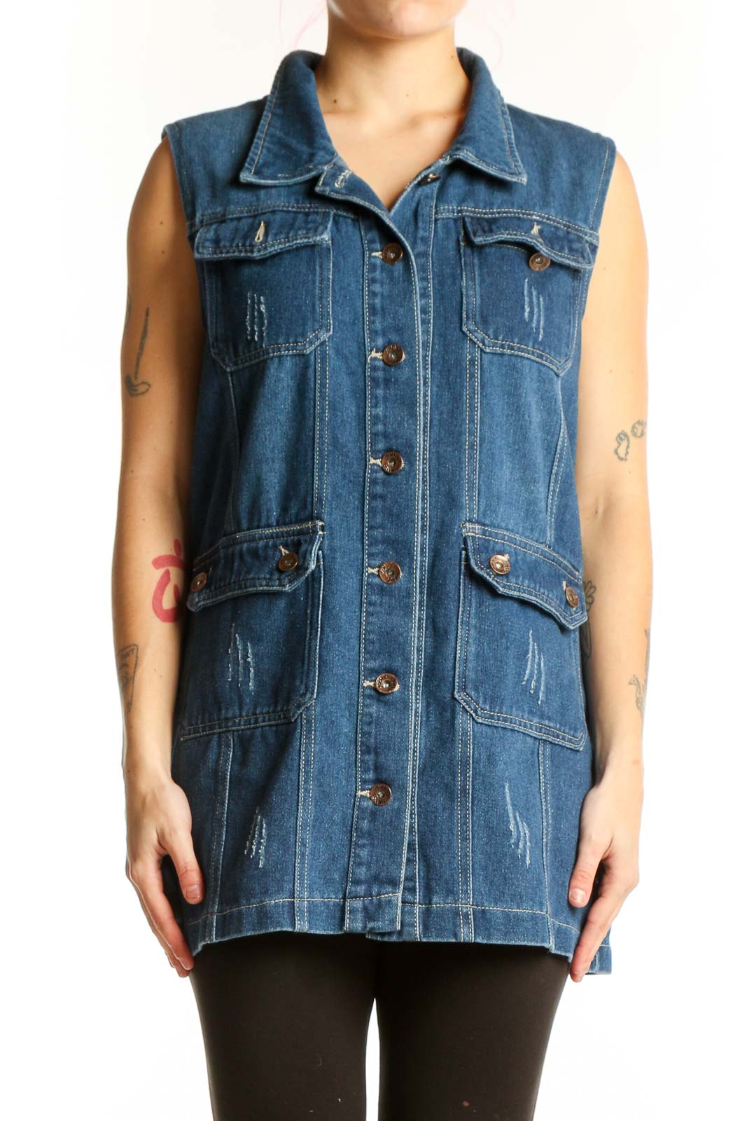 Blue Denim Sleeveless Vest Jacket Front