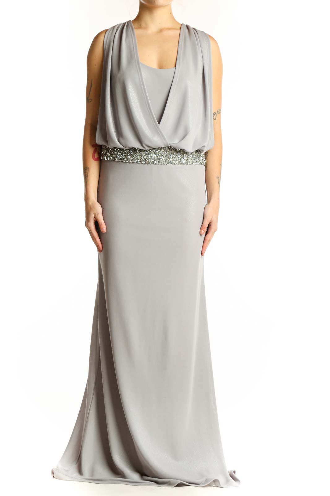Silver Draped Evening Gown with Beaded Waist Front