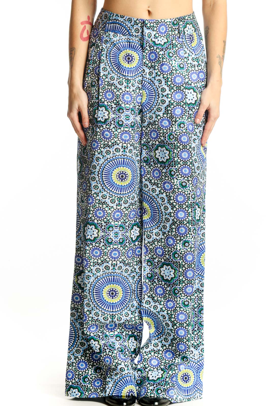 Blue Geometric Floral Wide-Leg Linen Pants Front