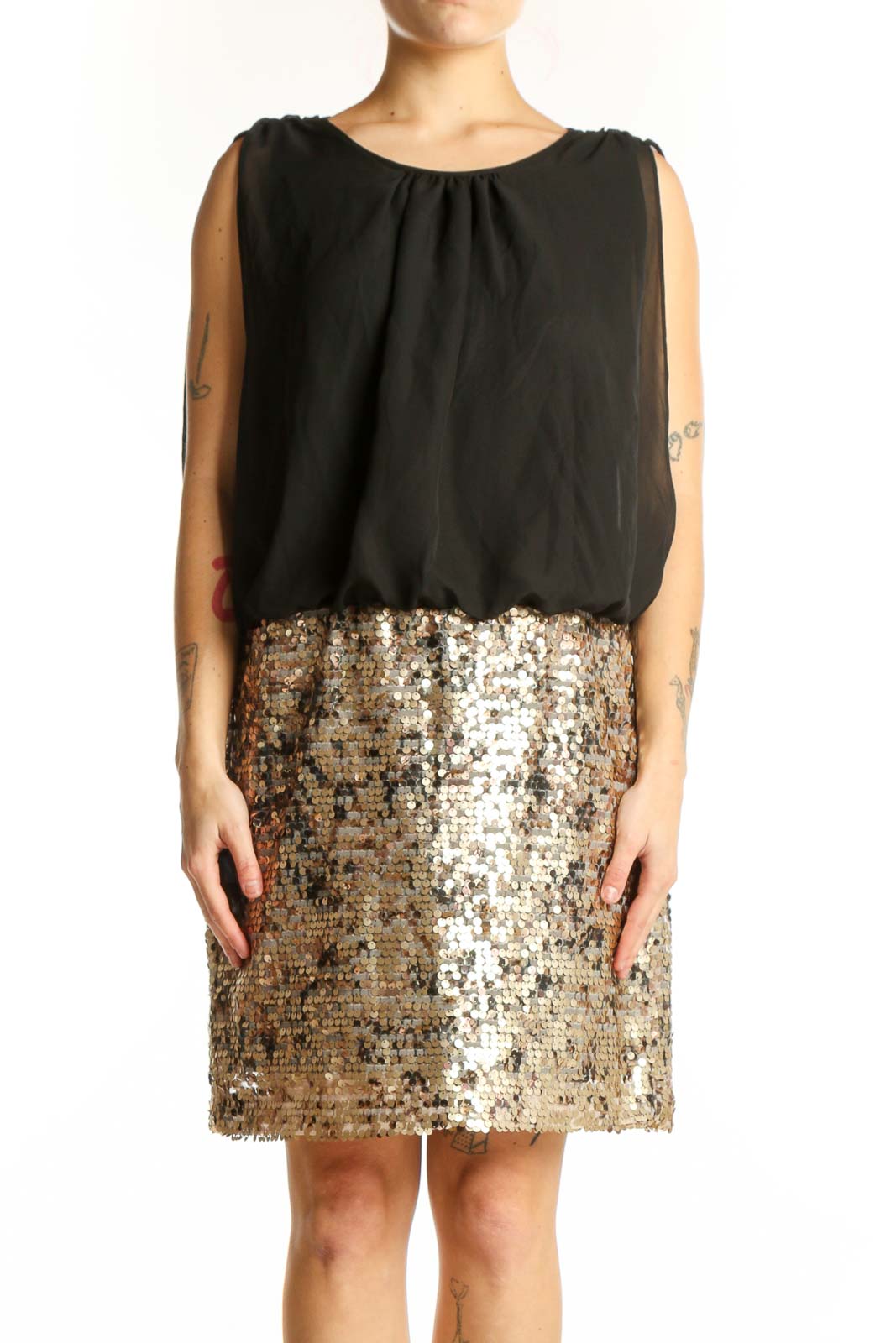 Black and Gold Sequin Cocktail Dress Front