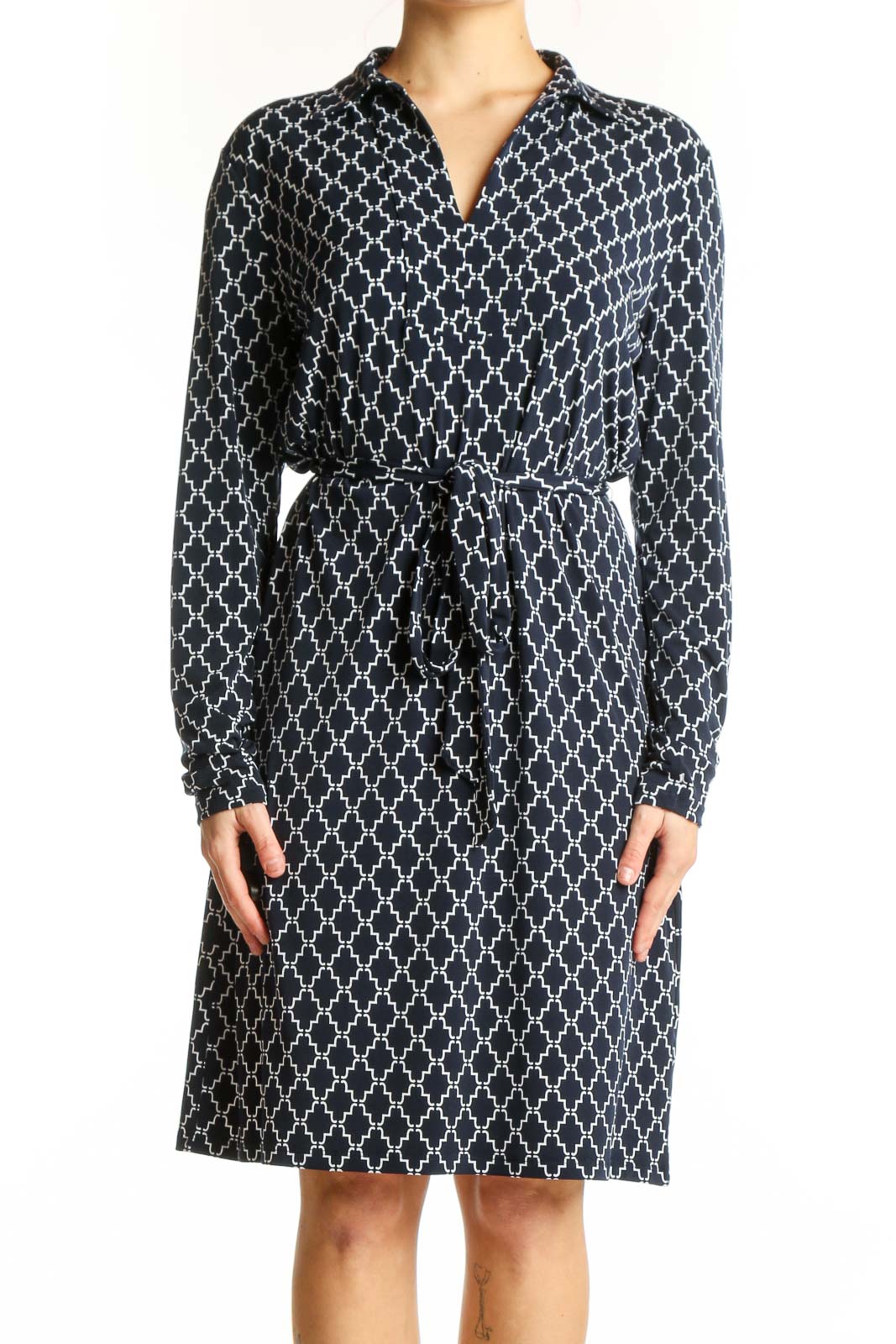 Navy Geometric Print Shirt Dress Front