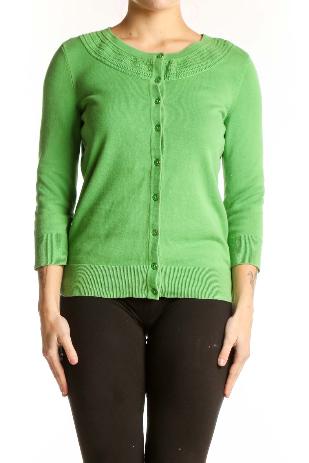 Green Button-Front Cardigan Knit Front