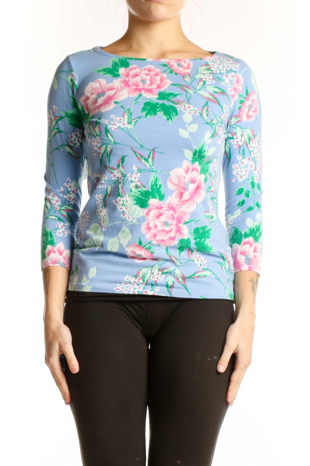 Blue Floral Three-Quarter Sleeve Top Front