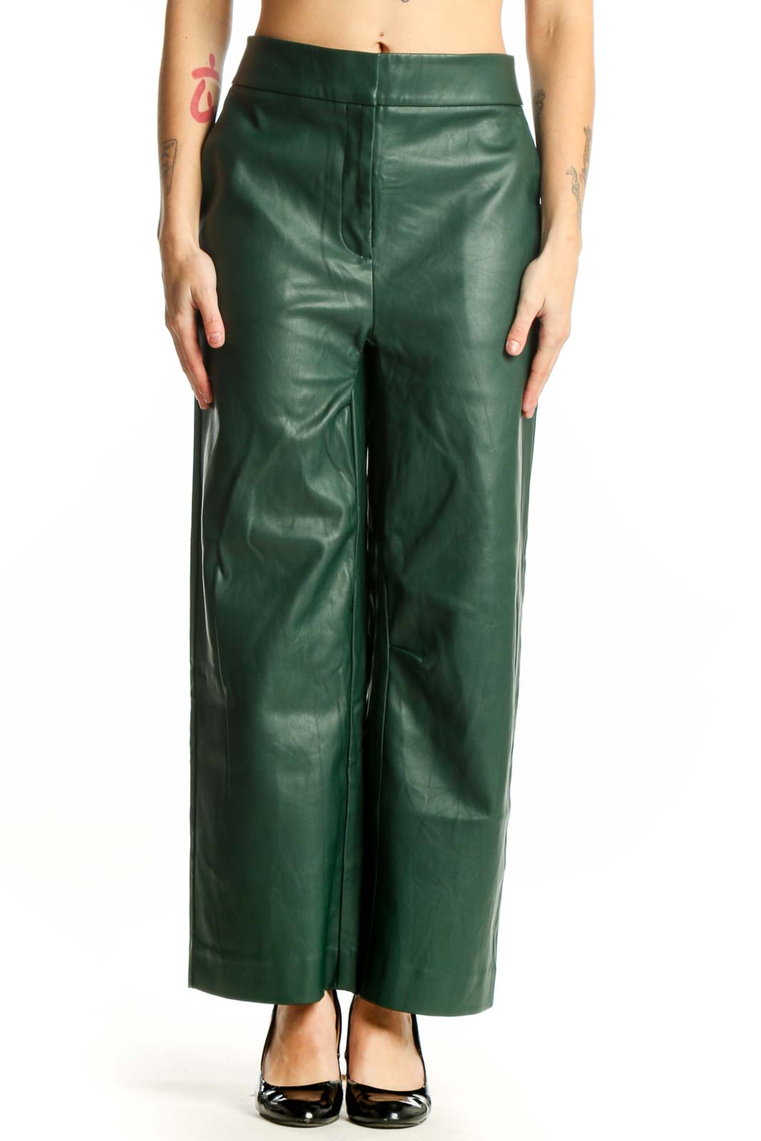 Green Leather Wide Leg Pants Front