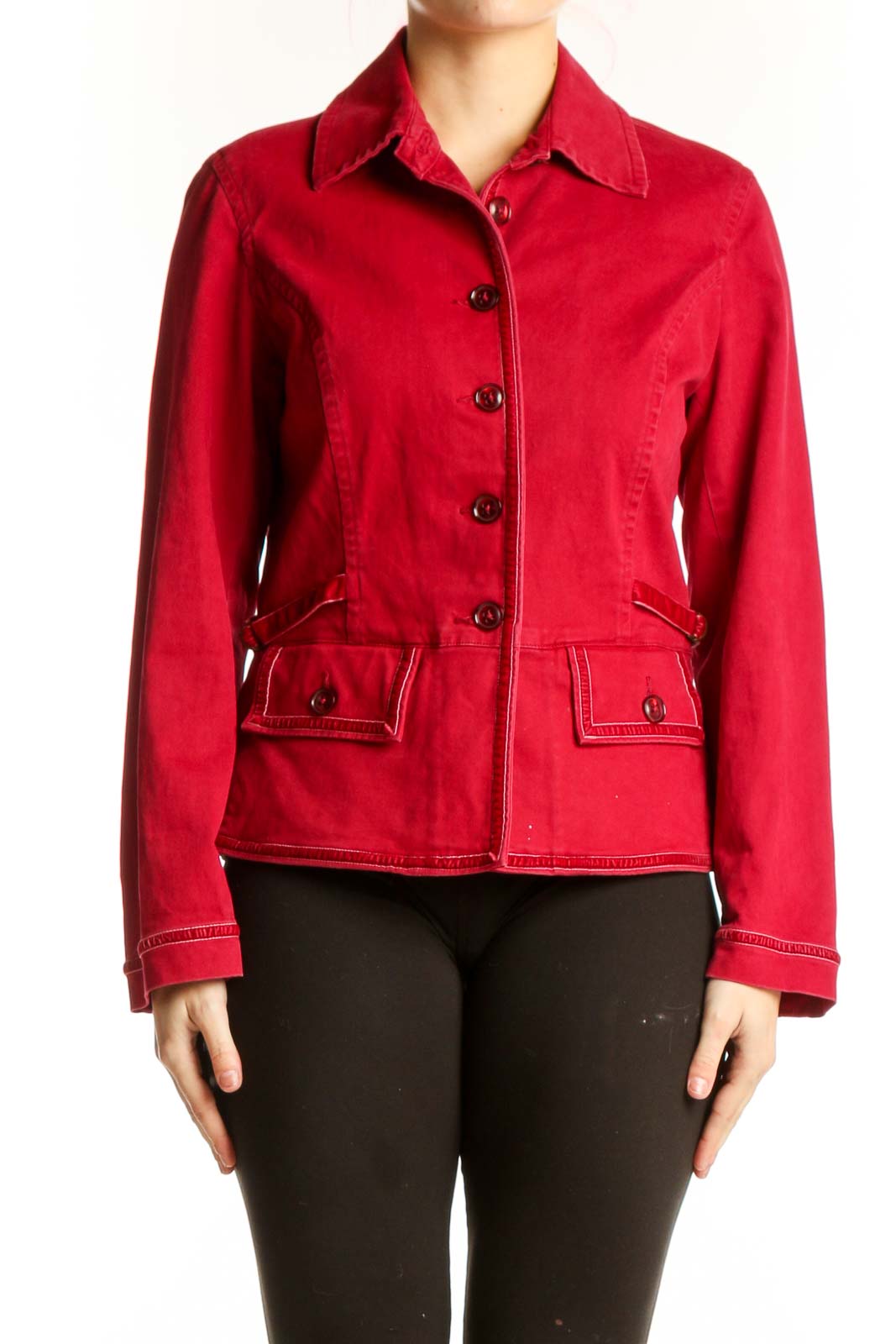 Red Cotton Blend Button-Up Jacket Front