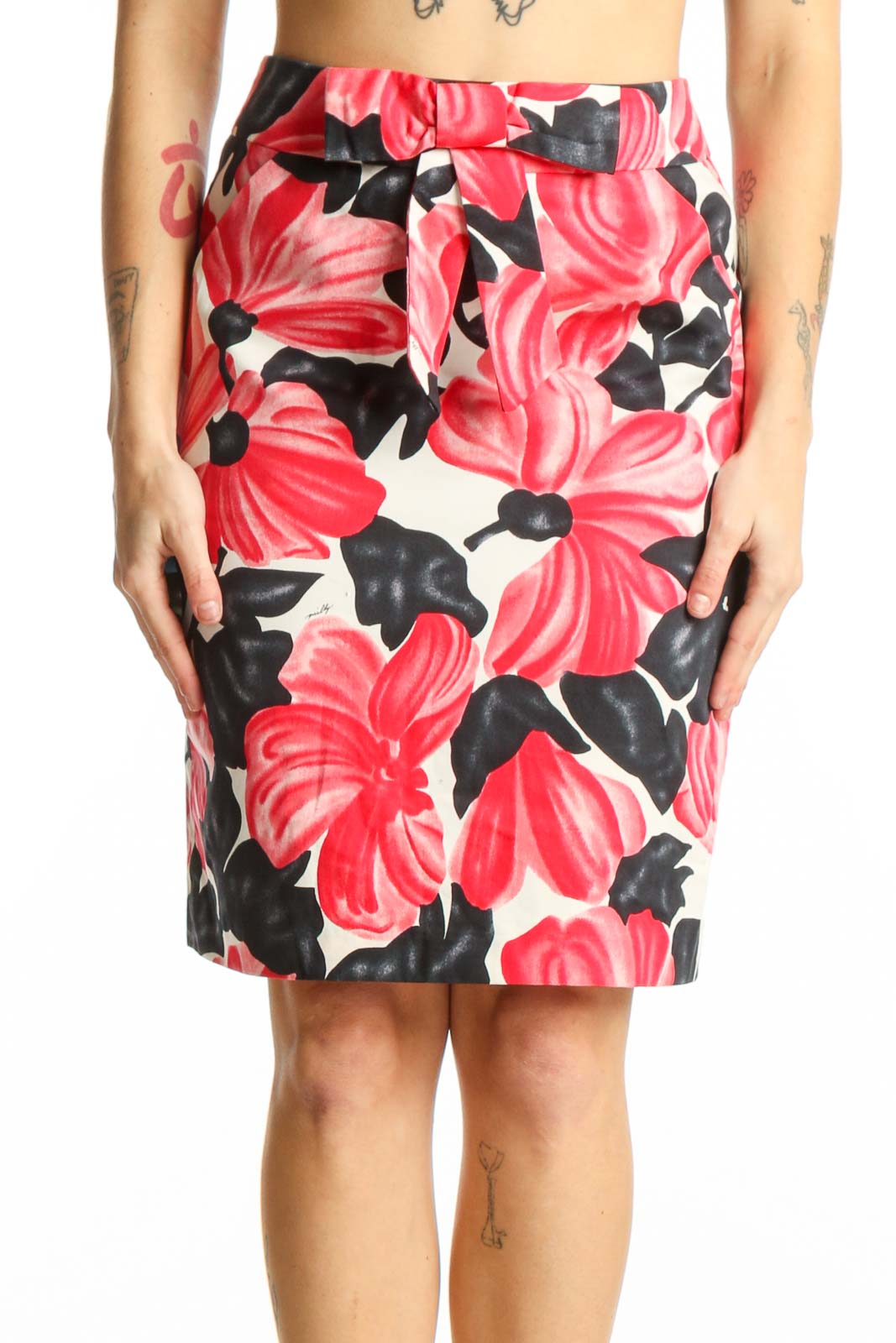 Red Floral Pencil Skirt with Black Leaf Print Front