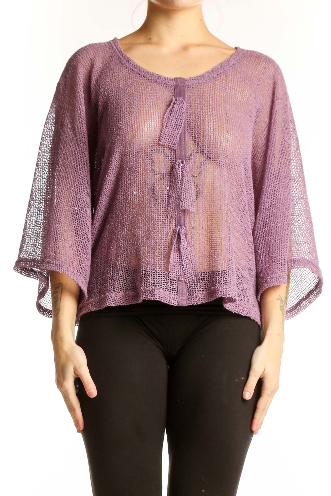 Purple Knit Poncho Top with Tassel Detail Front
