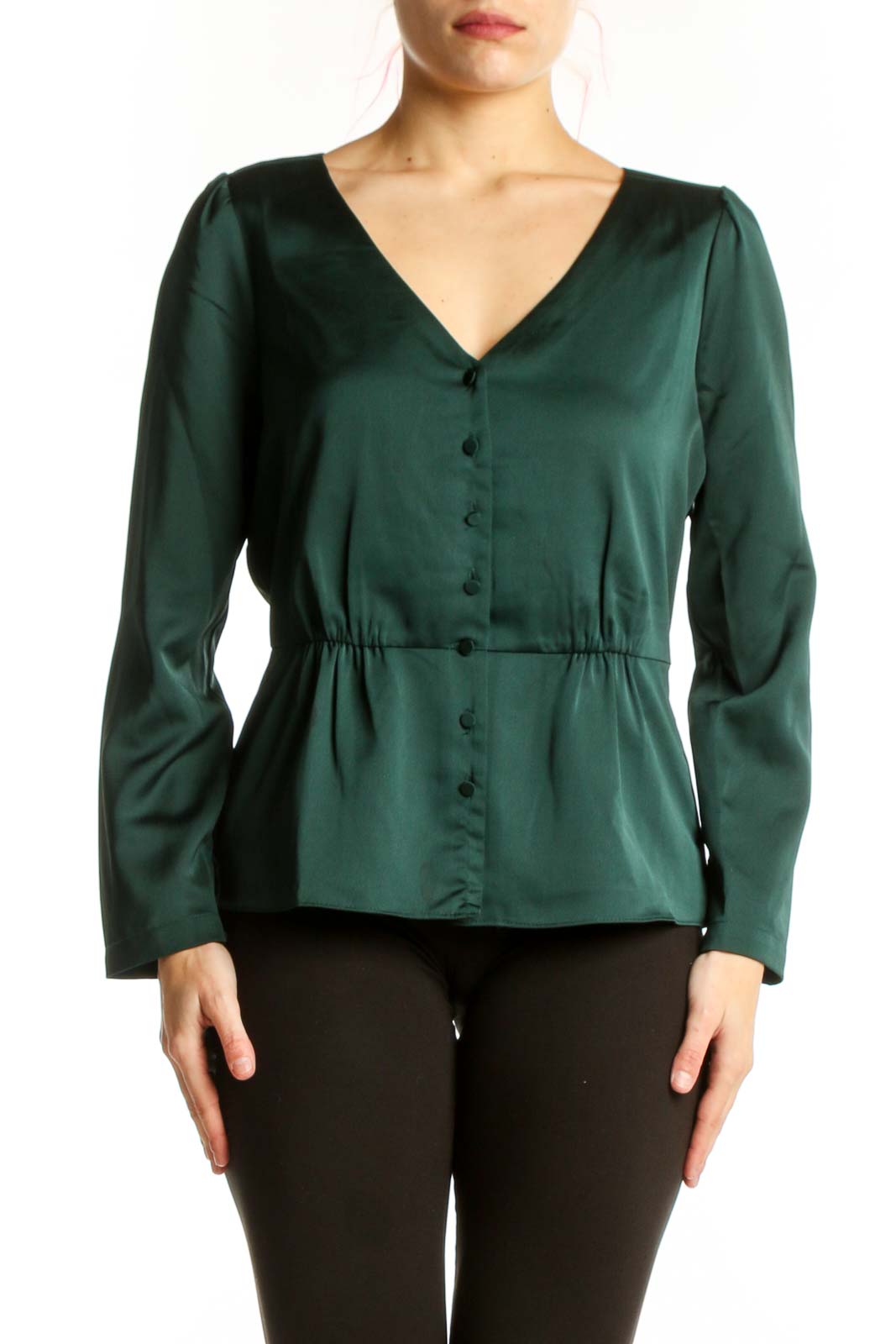 Green V-Neck Button-Up Peplum Top Front