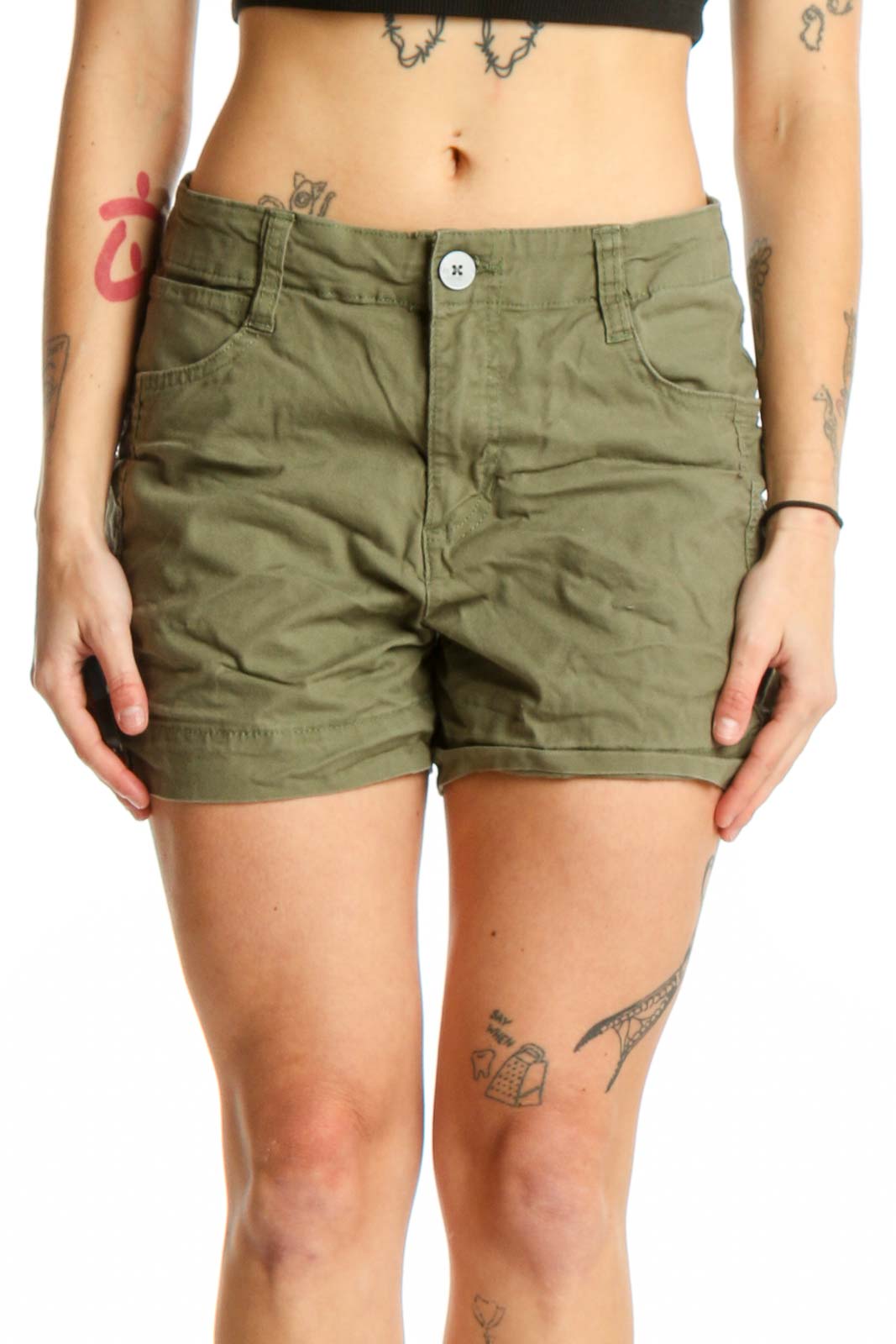 Olive Green Cotton Shorts Front