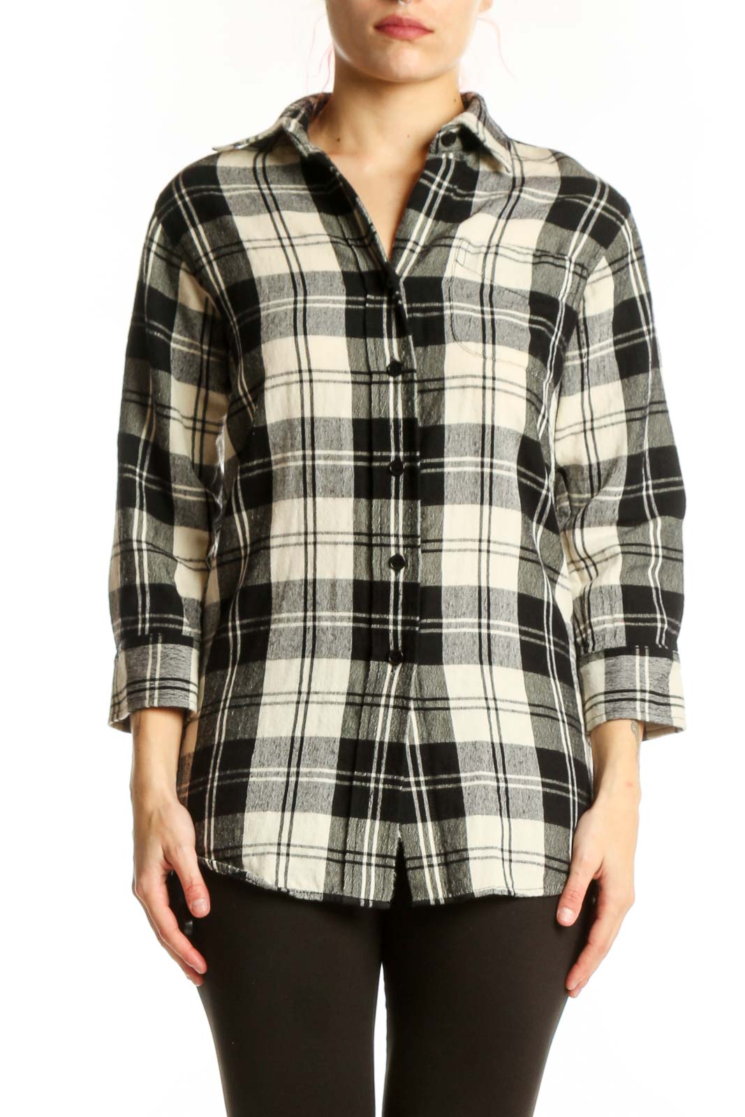 Black and White Plaid Button-Up Shirt Front