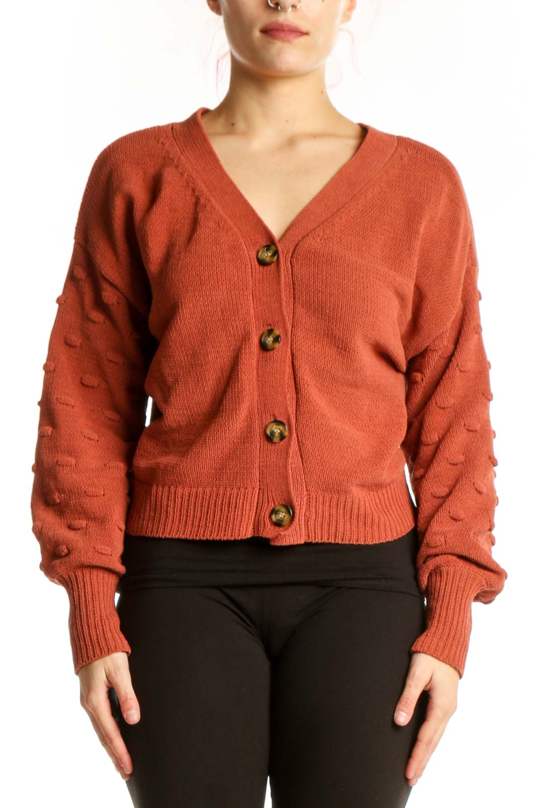 Orange Textured Button-Front Cardigan Front
