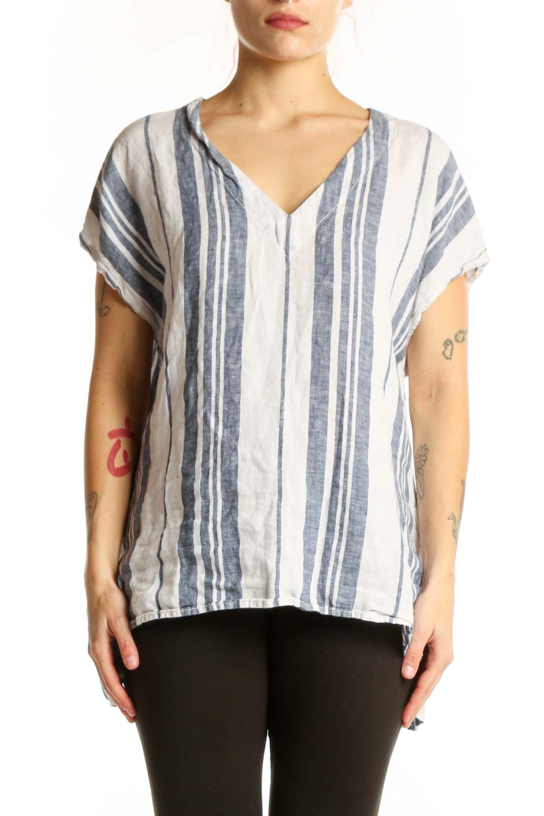 Navy Striped Linen V-Neck Top Front