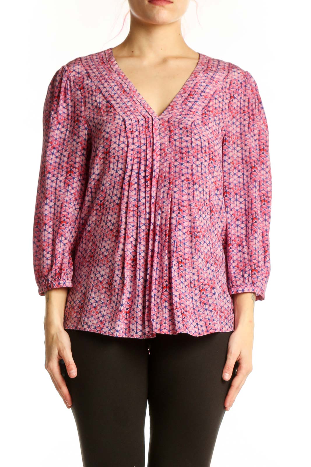 Pink Geometric Silk Pleated Blouse Front