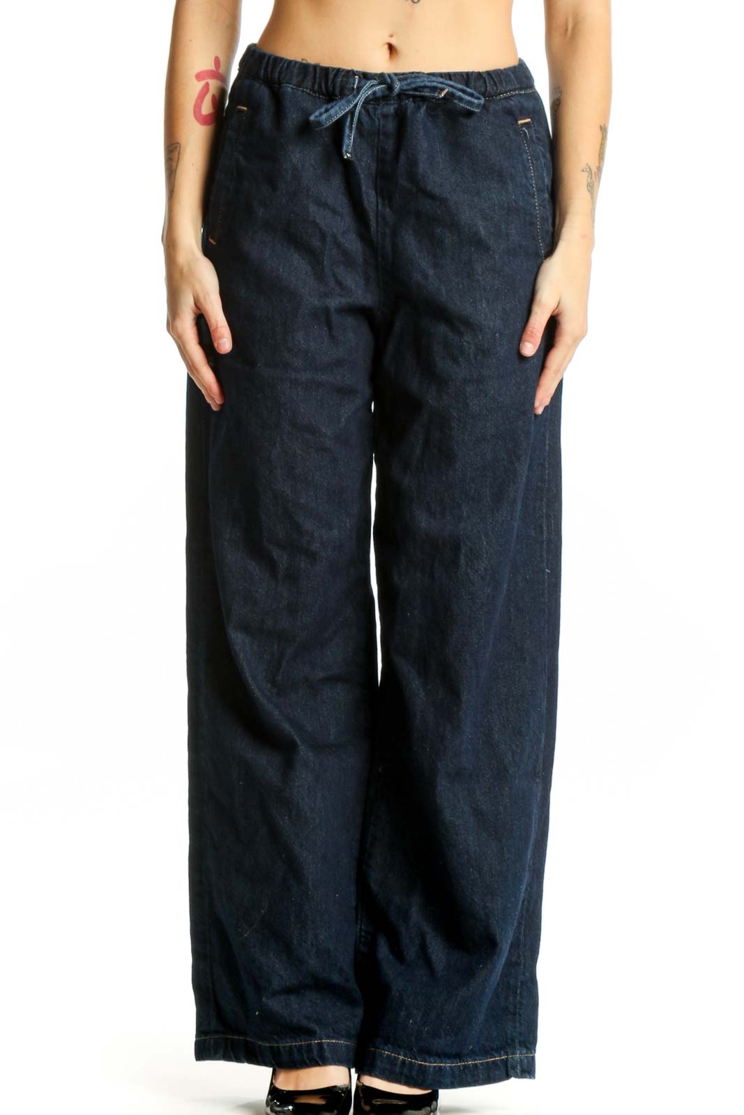 Navy Wide-Leg Denim Pants with Drawstring Front