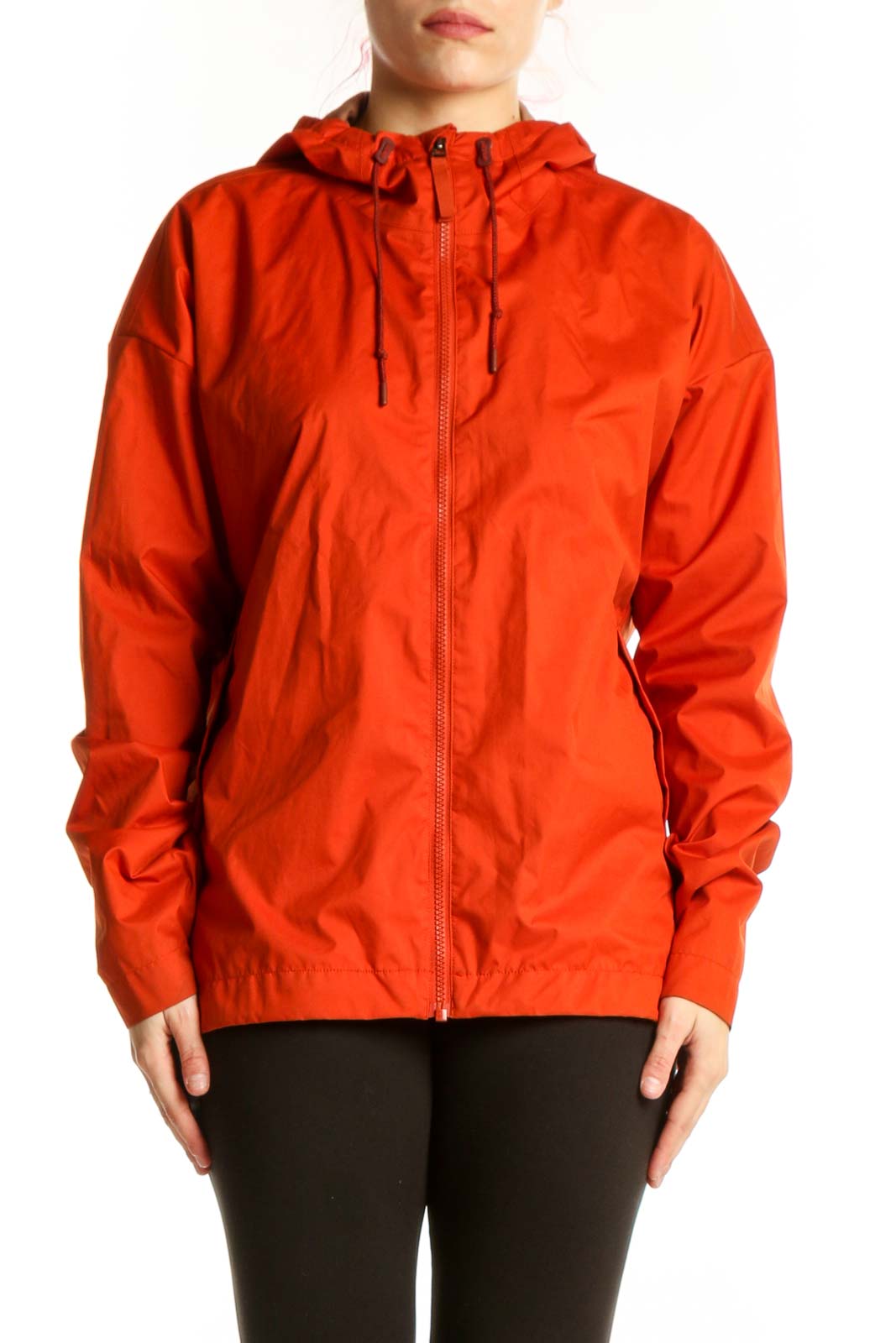 Red Polyester Hooded Windbreaker Jacket Front