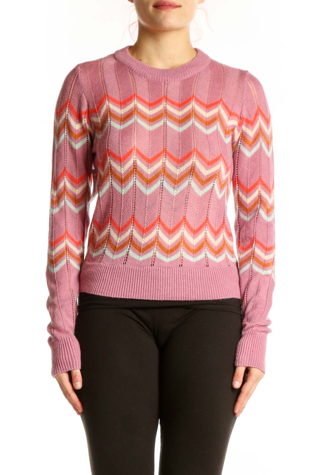 Pink Chevron Stripe Knit Pullover Front