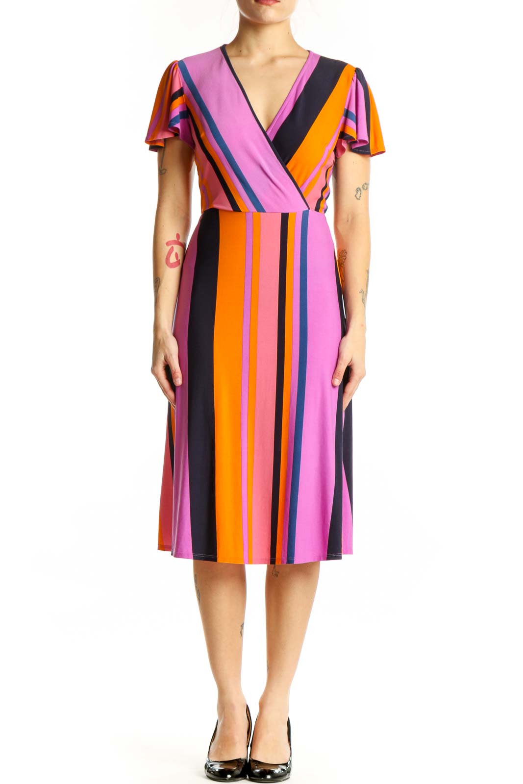 Pink Multicolor Striped Wrap Dress Front