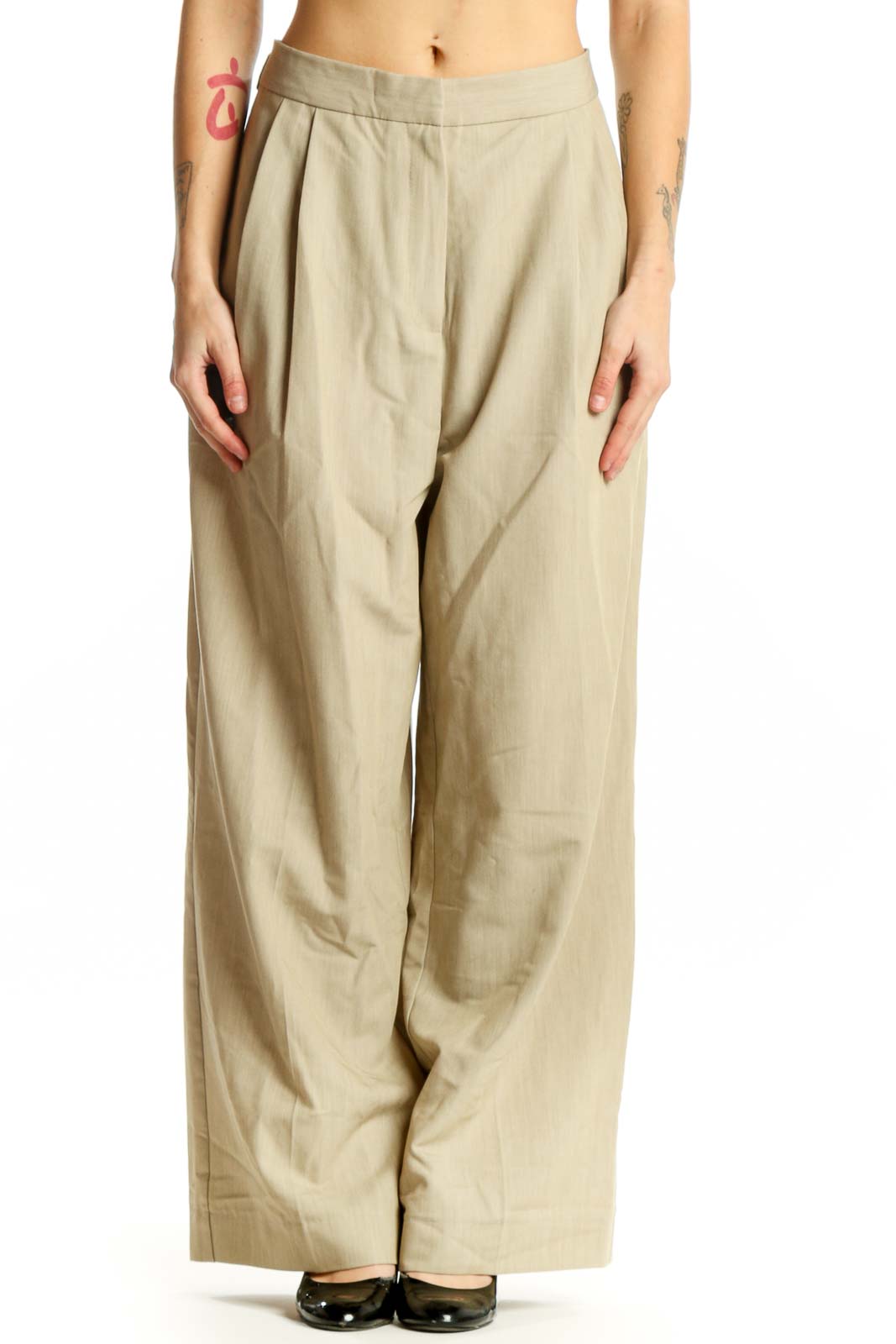Beige Pleated Wide-Leg Suit Pants Front