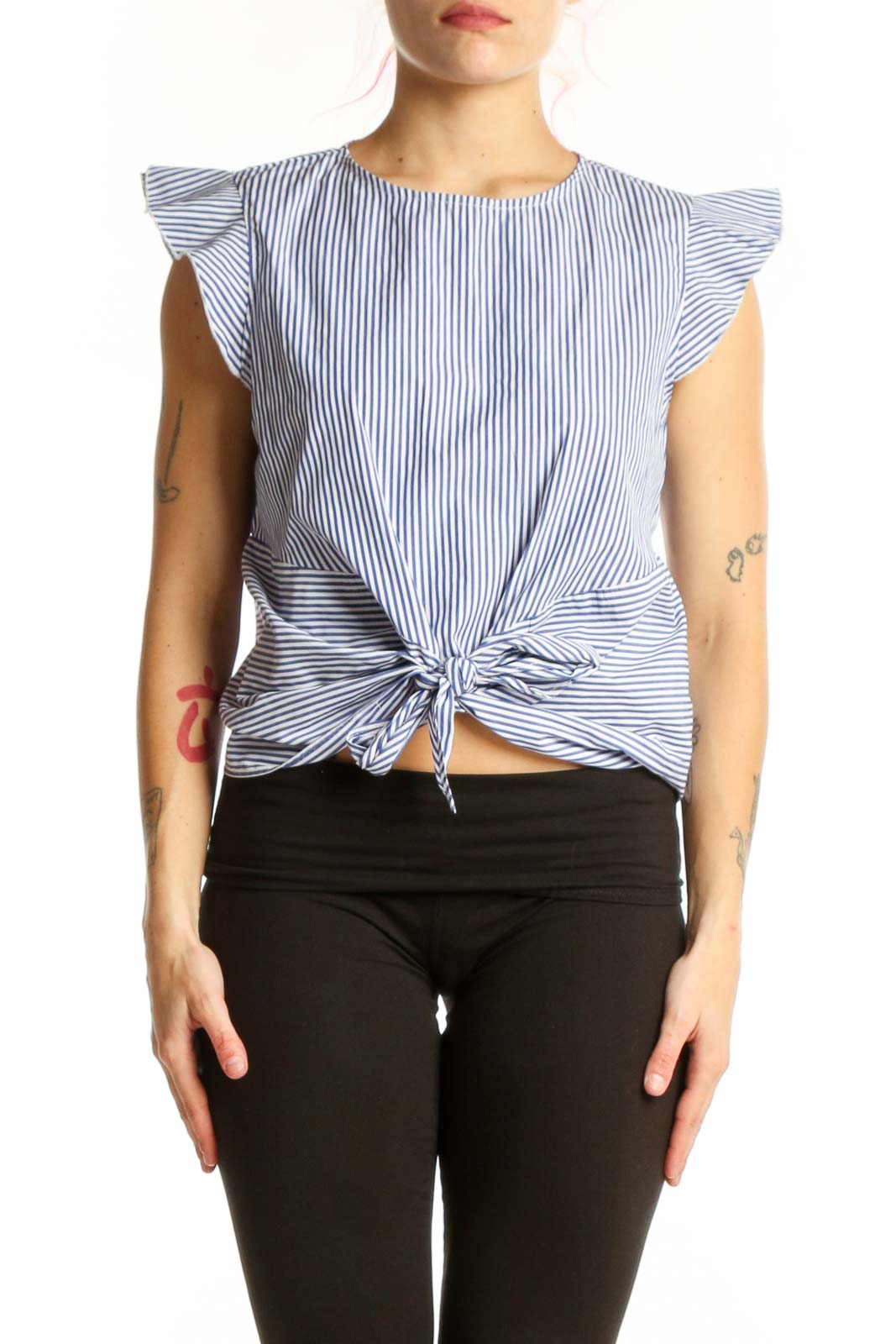 Blue Striped Ruffle Sleeve Tie Front Top Front