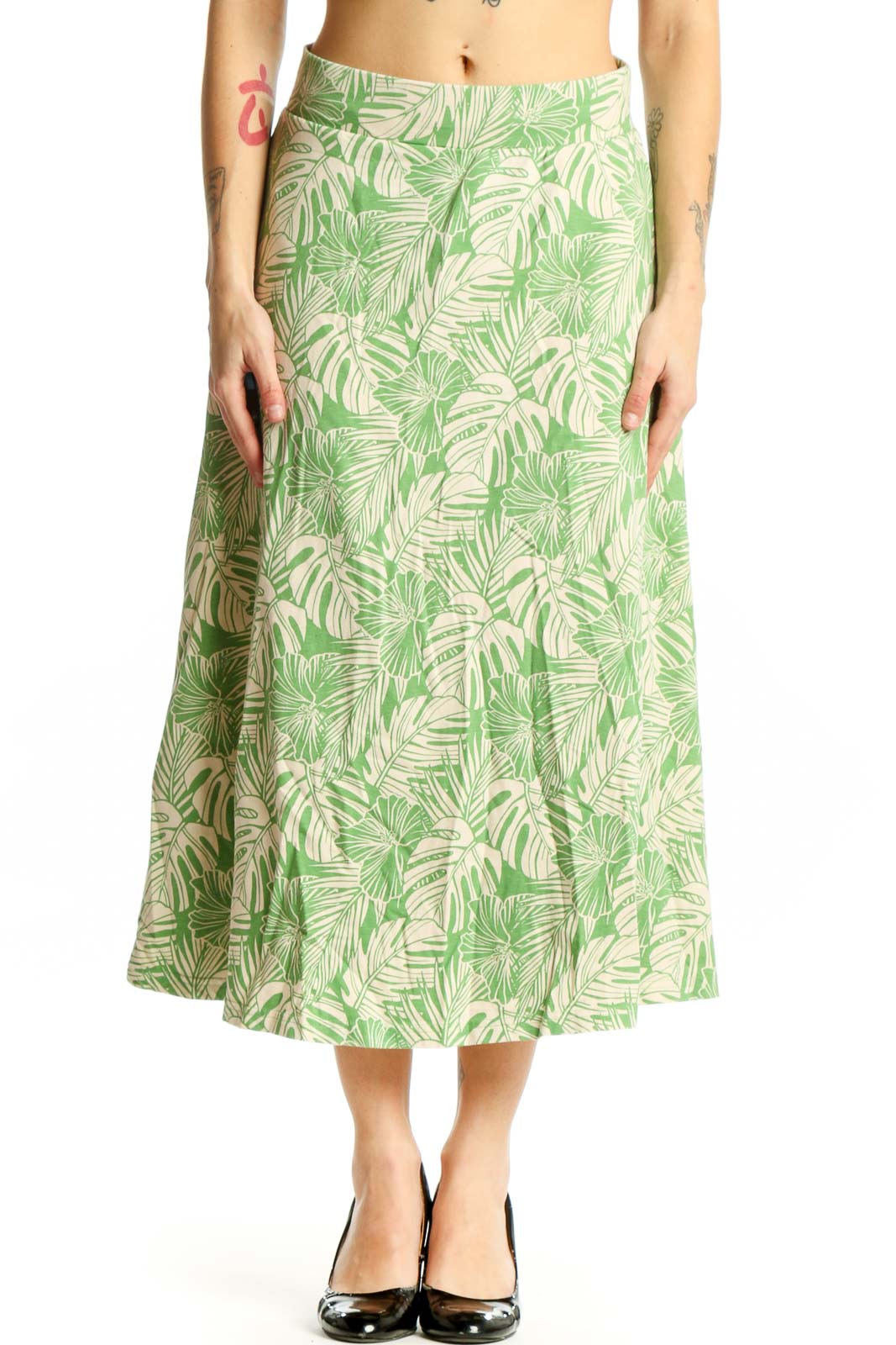Green Tropical Leaf A-Line Midi Skirt Front