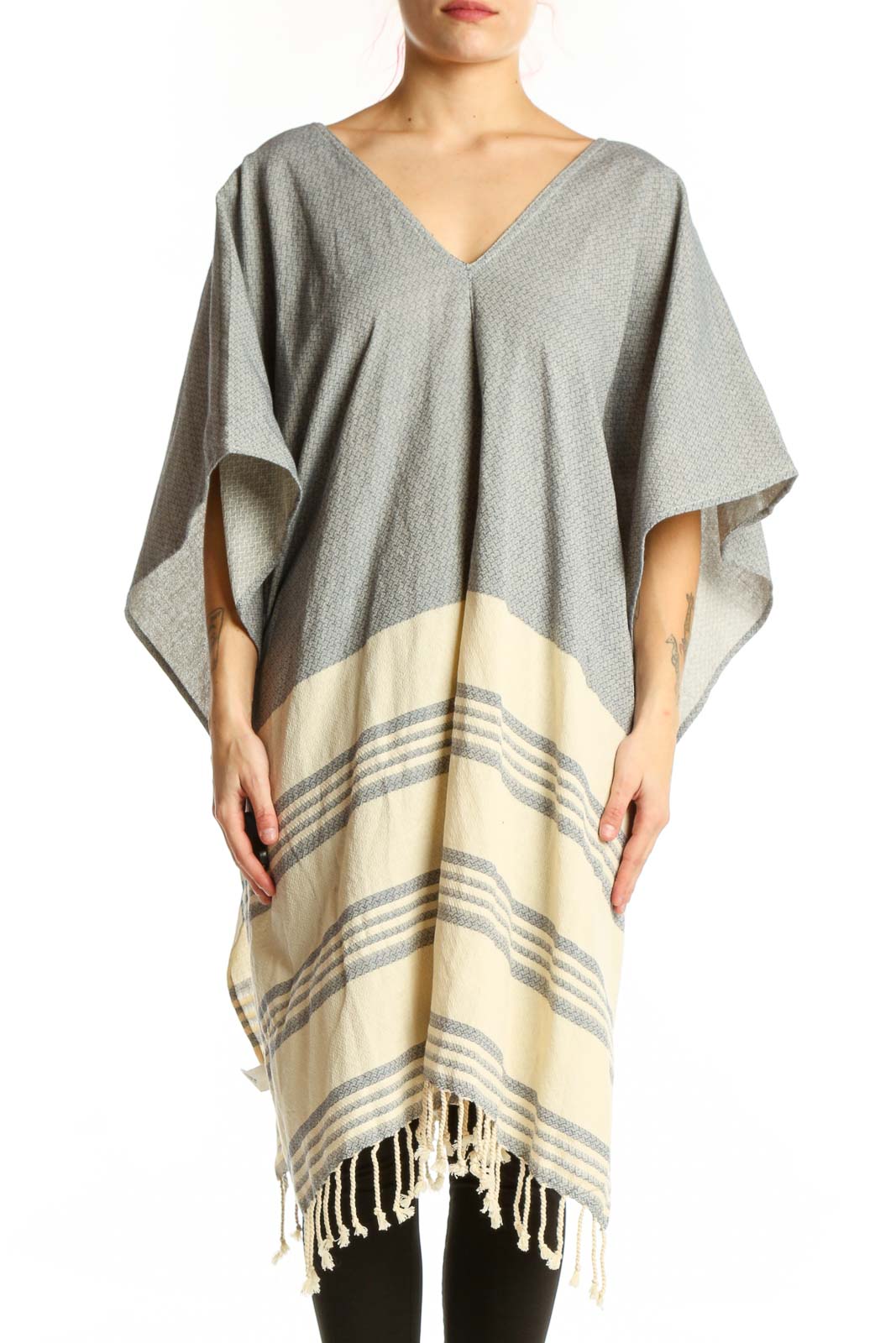 Gray Cotton Striped Poncho Knit Front