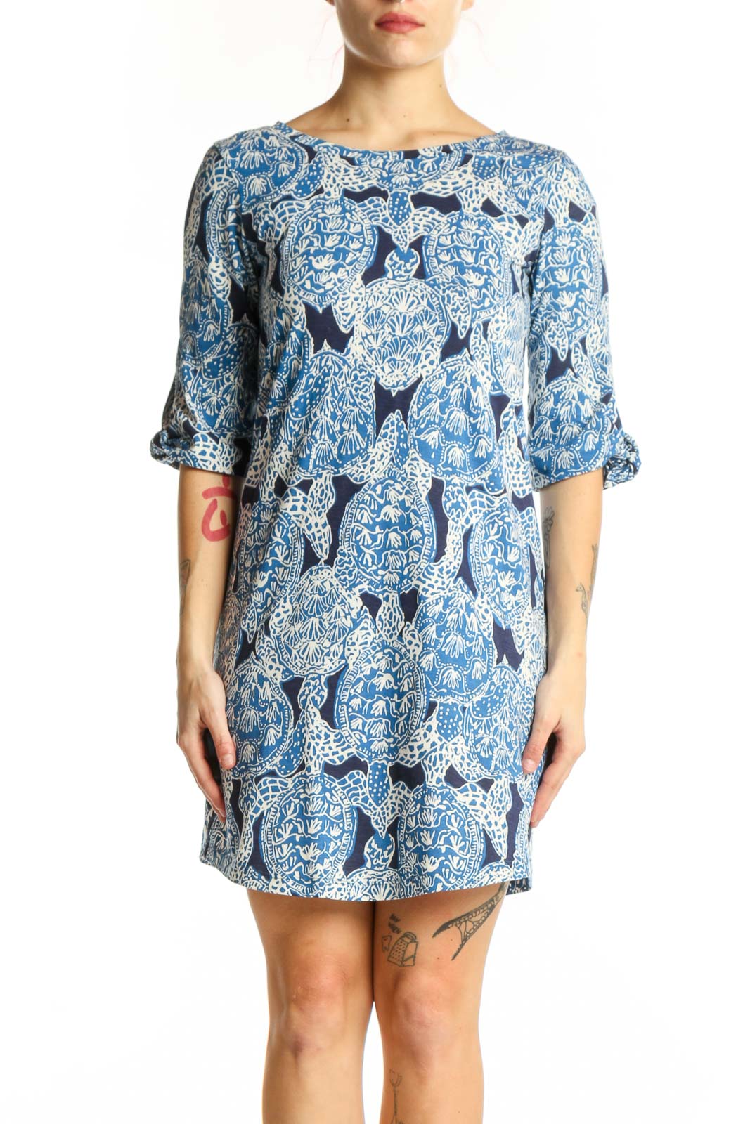 Blue Patterned Lilly Pulitzer Shift Dress Front